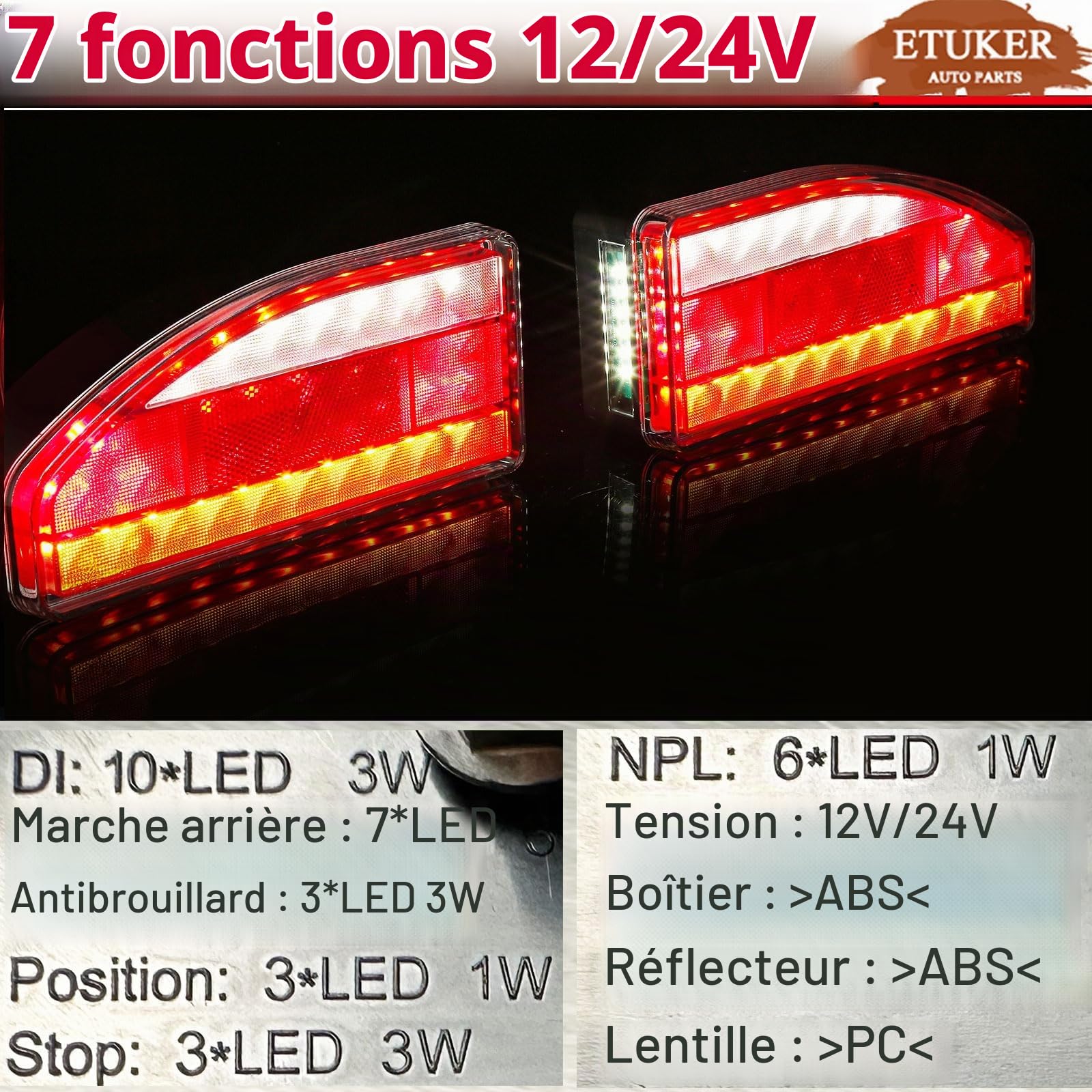 Feu Arrière Remorque 13broches LED 12/24V 7Function avec Feu de Recul/Feu Antibrouillard
