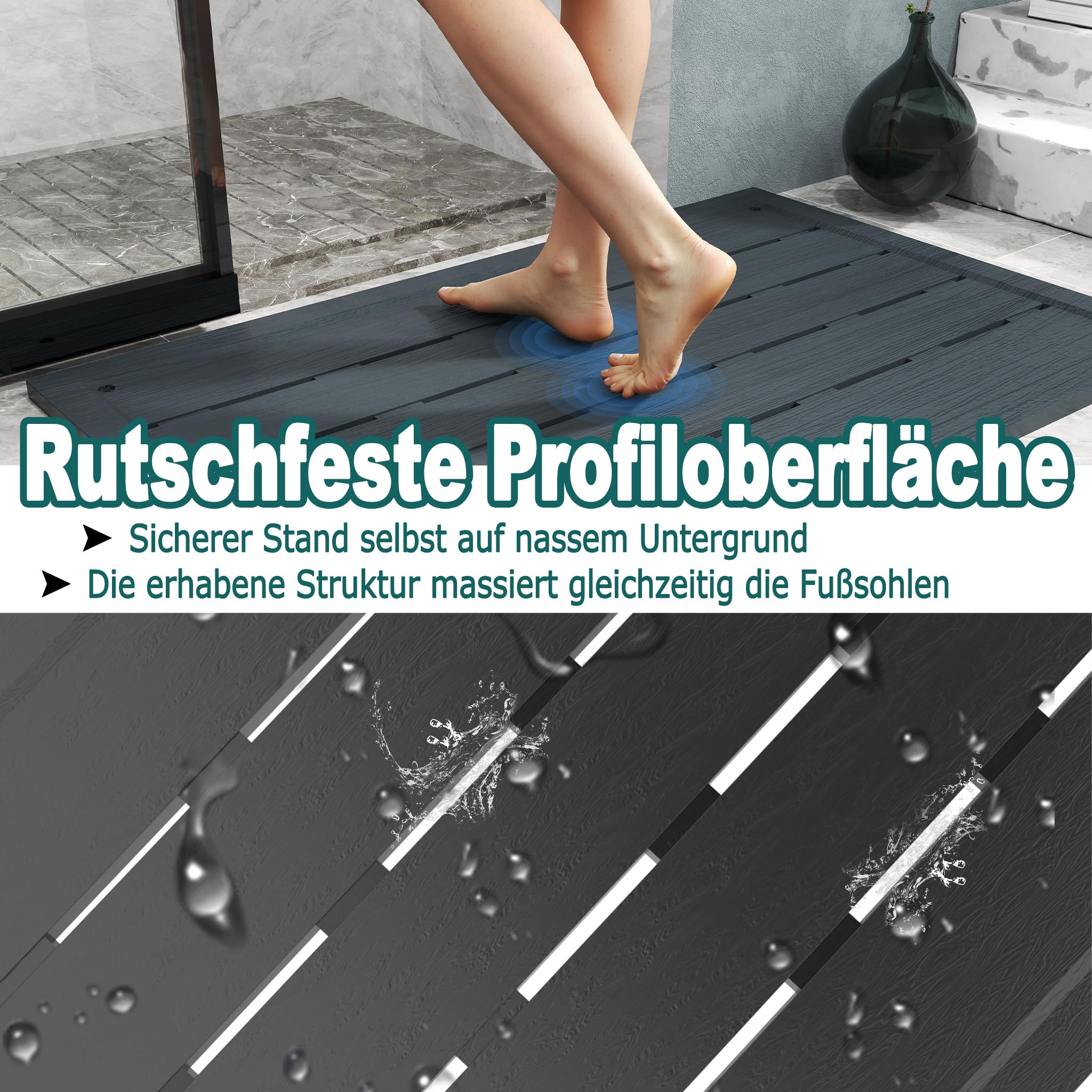 Rutschfeste Bodenplatte Holzoptik 100x65x4cm UV-beständiges Kunststoff Bodenelement, praktische Unterlage für Gartendusche Solardusche Poolleiter Outdoor Nutzung mit Montagematerial Anthrazit