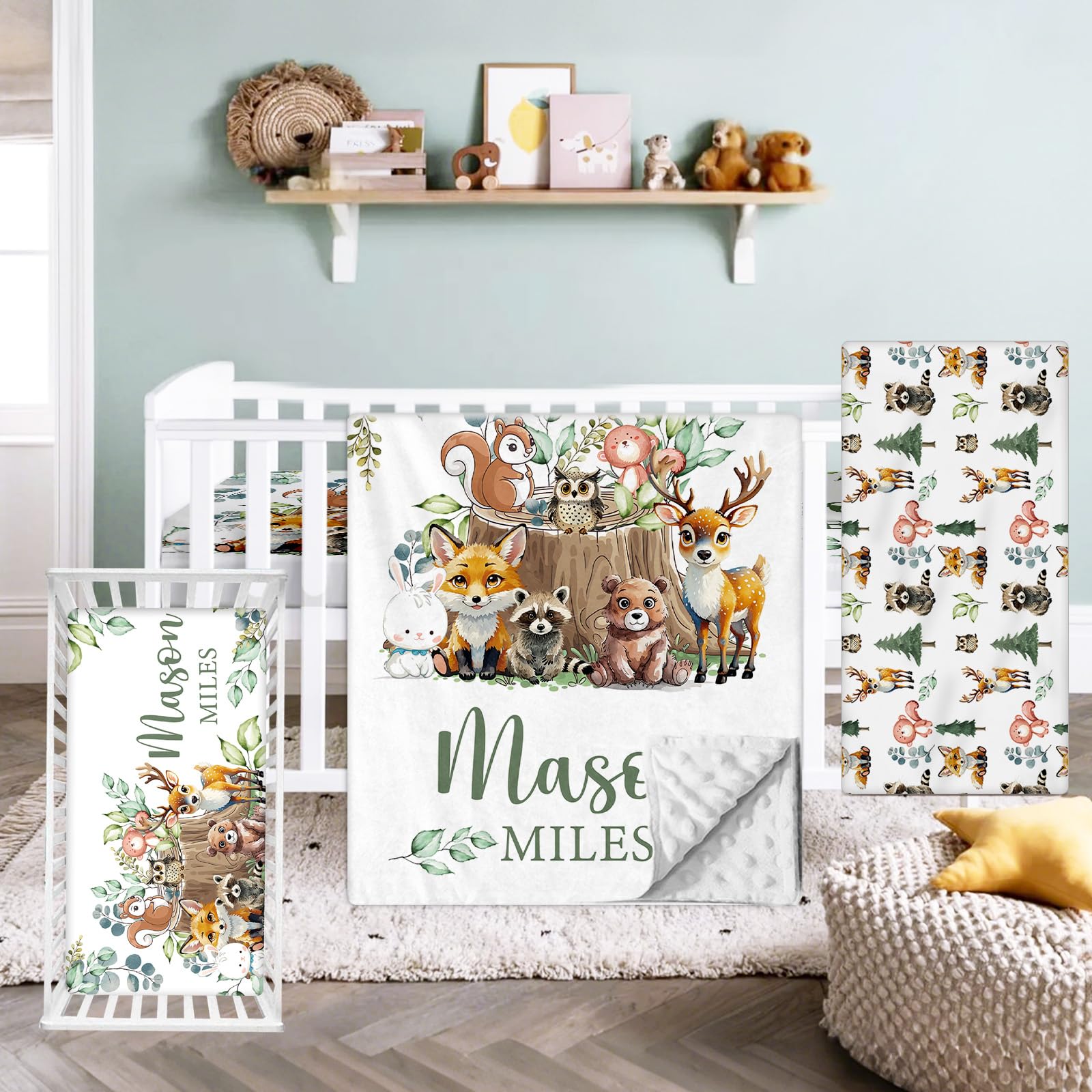 Hatchaa Custom Baby Crib Bedding Set - Woodland Animals Theme Personalized Name Baby Nursery Bedding 3 Piece Set, Toddler Crib Bedding Set for Boys, Customized Gift for Infants Newborns New Parents