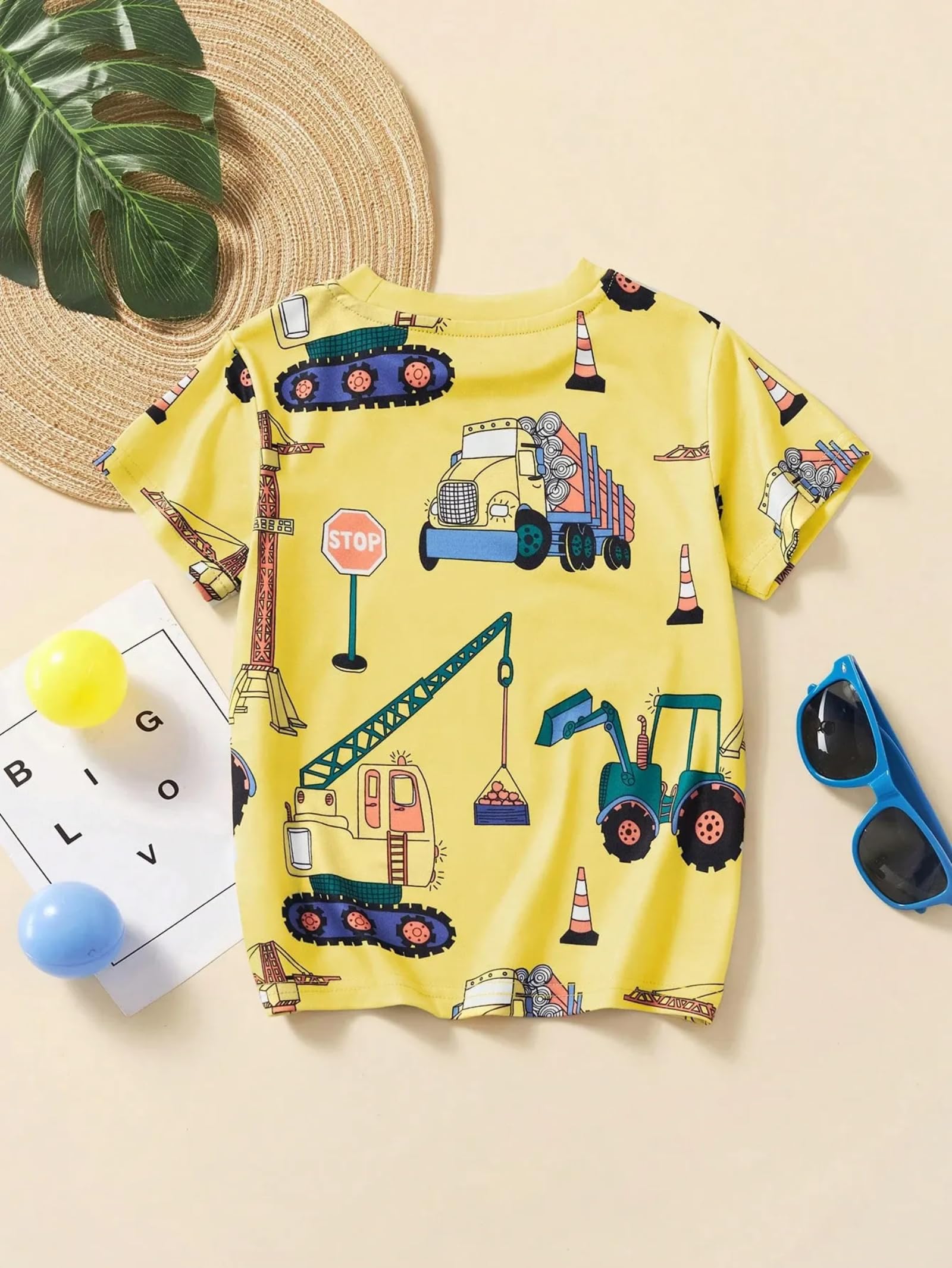 Jungen Regular Fit Polyester Baufahrzeug Print T-Shirt mit Rundhalsausschnitt Kurzarm und Standardlänge Casual Summer Wear