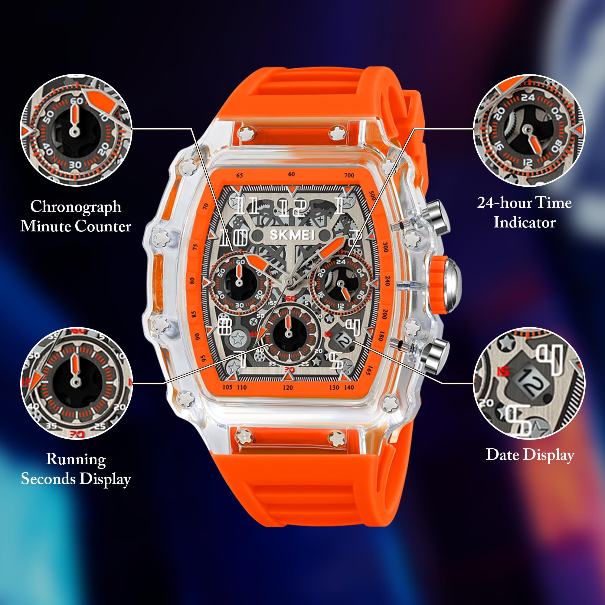 SKMEI Relojes automáticos de moda para hombre con correa de silicona de esqueleto impermeable a 50 m, relojes de pulsera únicos para hombre