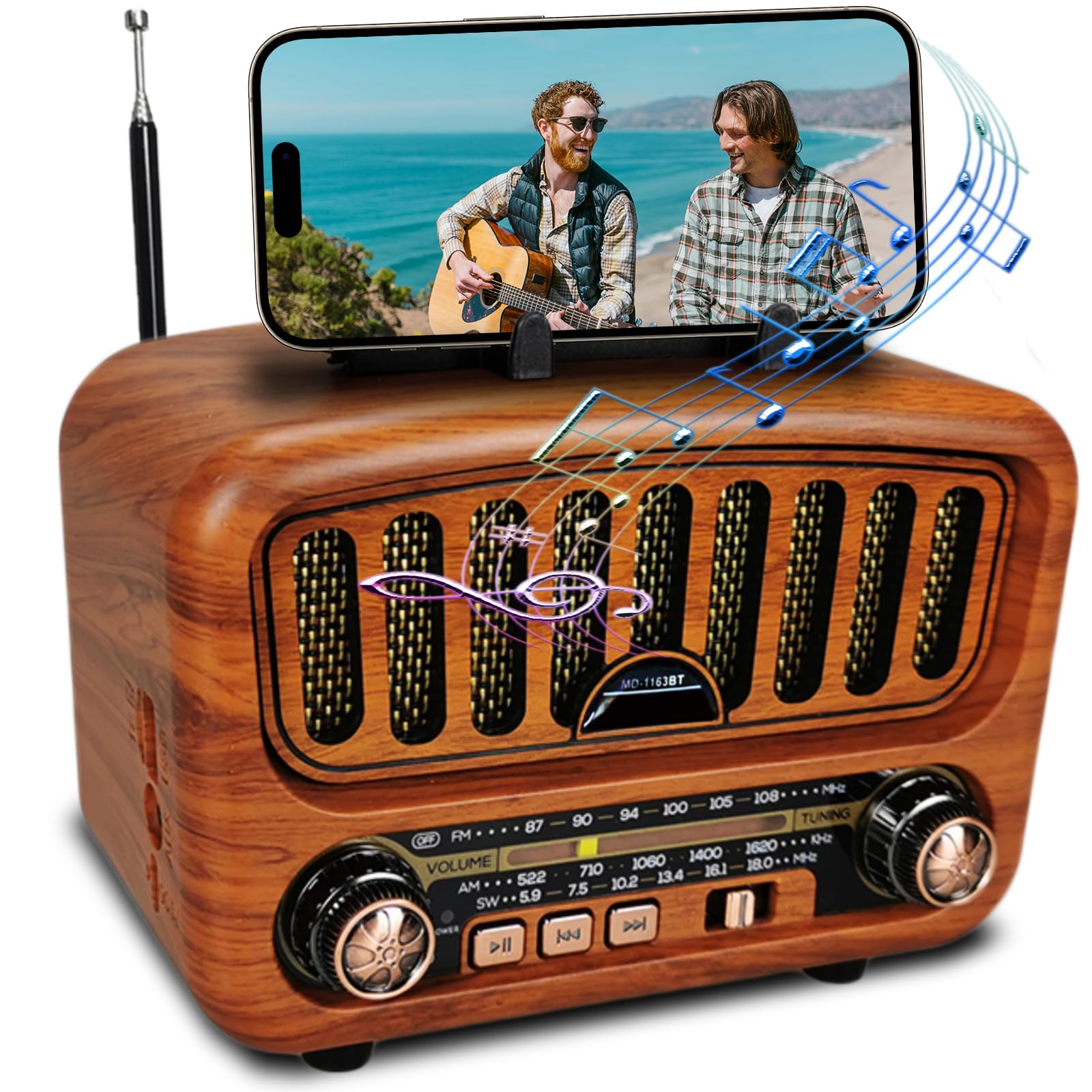 Poste Radio Portable avec Haut-Parleur Bluetooth, AM/FM/SW Petite Radio Vintage avec Haut-Parleur 5W et Bluetooth 5.0, Transistor Radio a Pile avec Fonction USB/TF/AUX (Or)