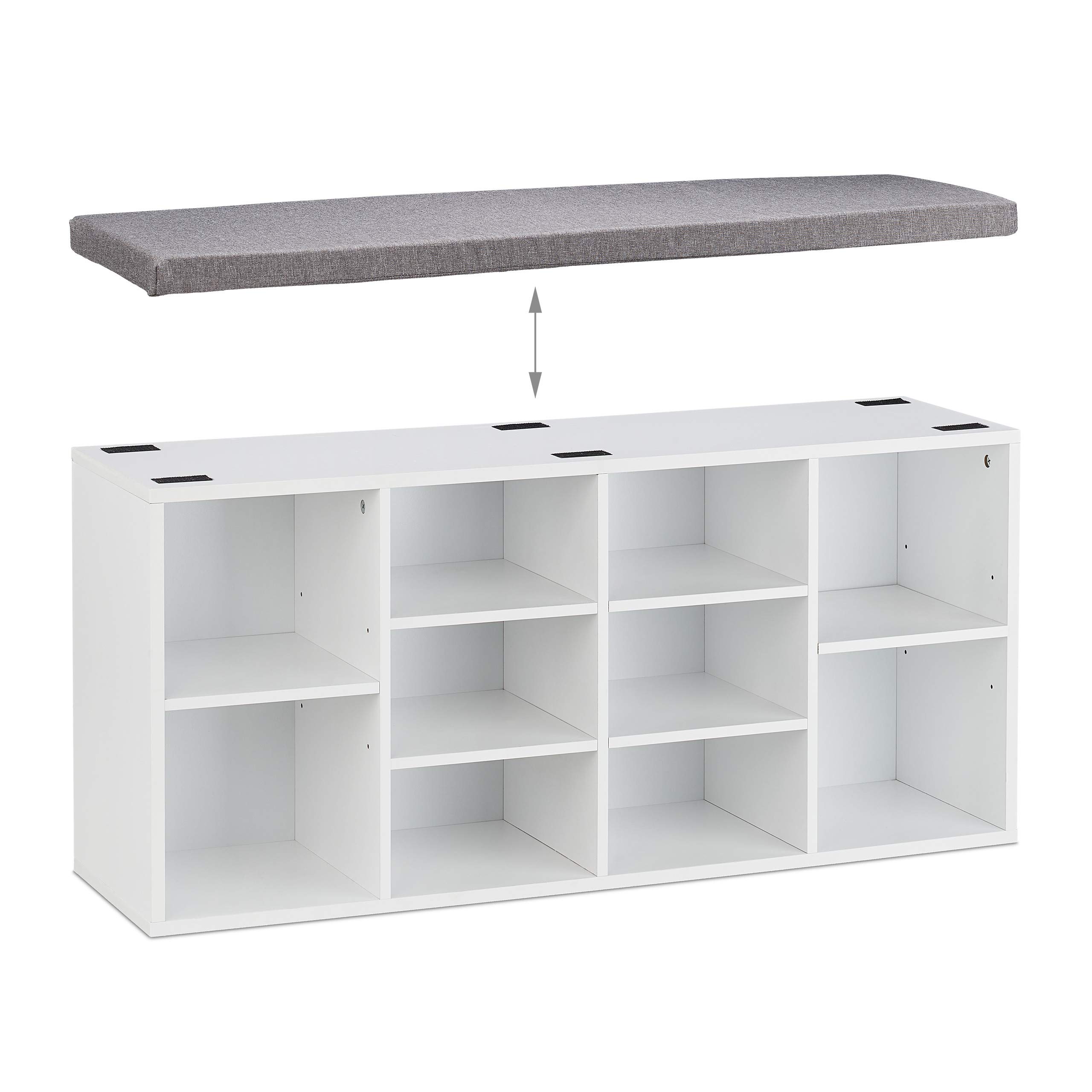 Relaxdays Banco Zapatero Recibidor, Estantería Zapatos 10 Compartimentos, 52,5x104x30 cm, Descalzadora Asiento, Blanco