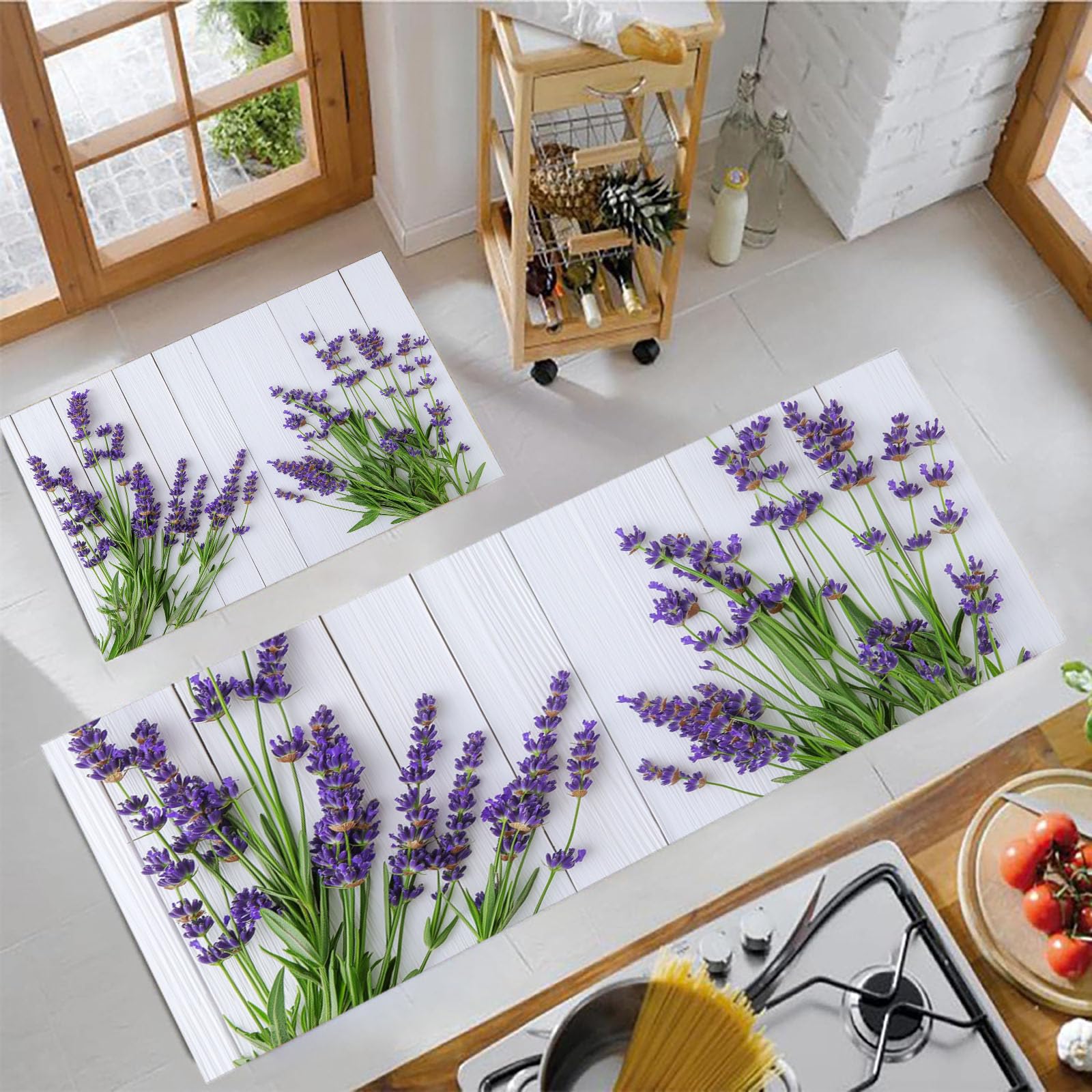 Tapis de cuisine antidérapants pour évier et buanderie ambiance rustique grise et blanche lot de 2