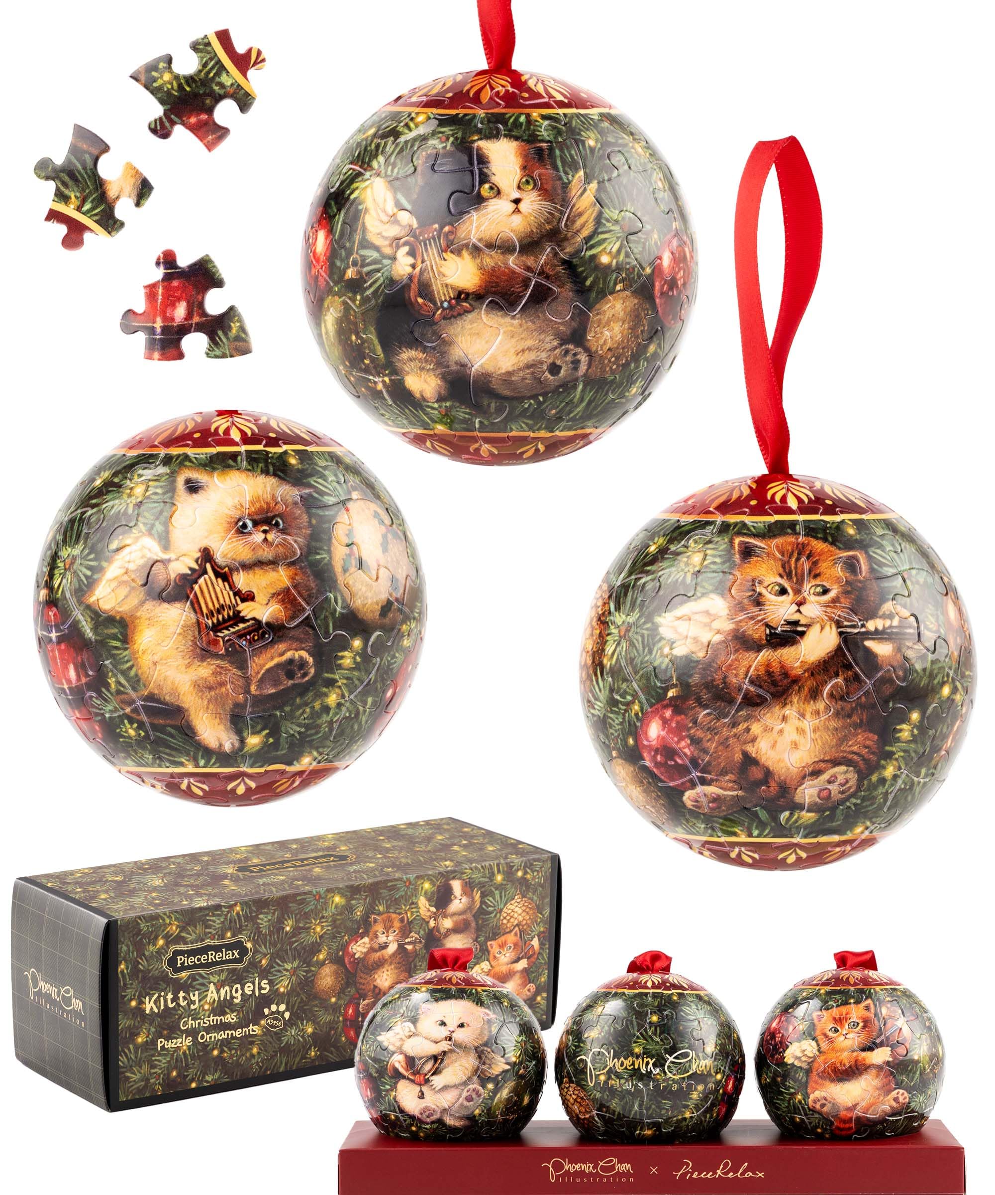 PieceRelax 3D Puzzle Ball 3-Inch 60-Piece Set of Three - Christmas Puzzle Ornaments – Phoenix Chan – Kitty Angels – Unique Home Décor with Curved