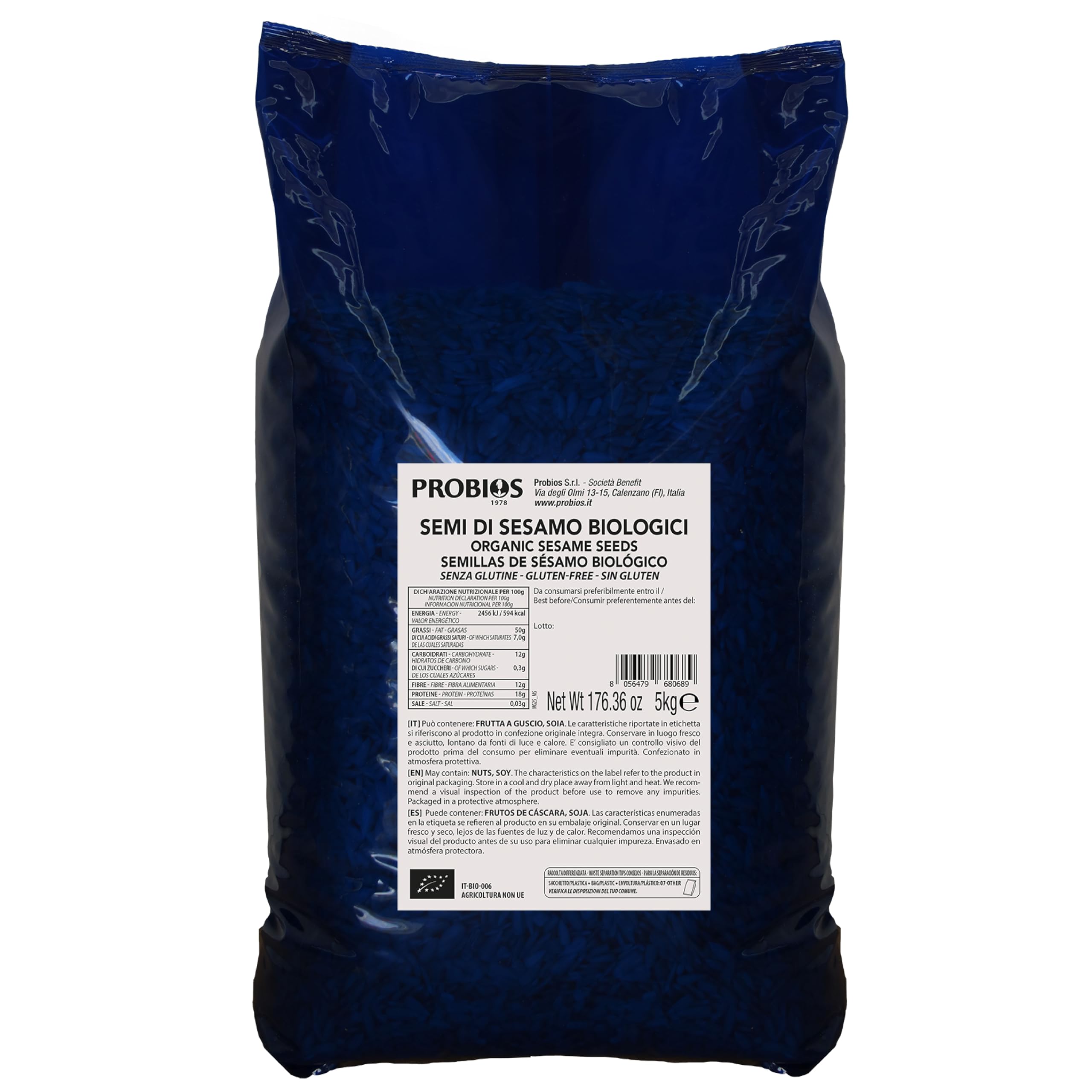 Probios Semi di Sesamo Biologici - Semi di Sesamo Premium per Cucinare, Cuocere al Forno e Guarnire - Senza Glutine, Naturale e Versatile - Confezione da 5 kg