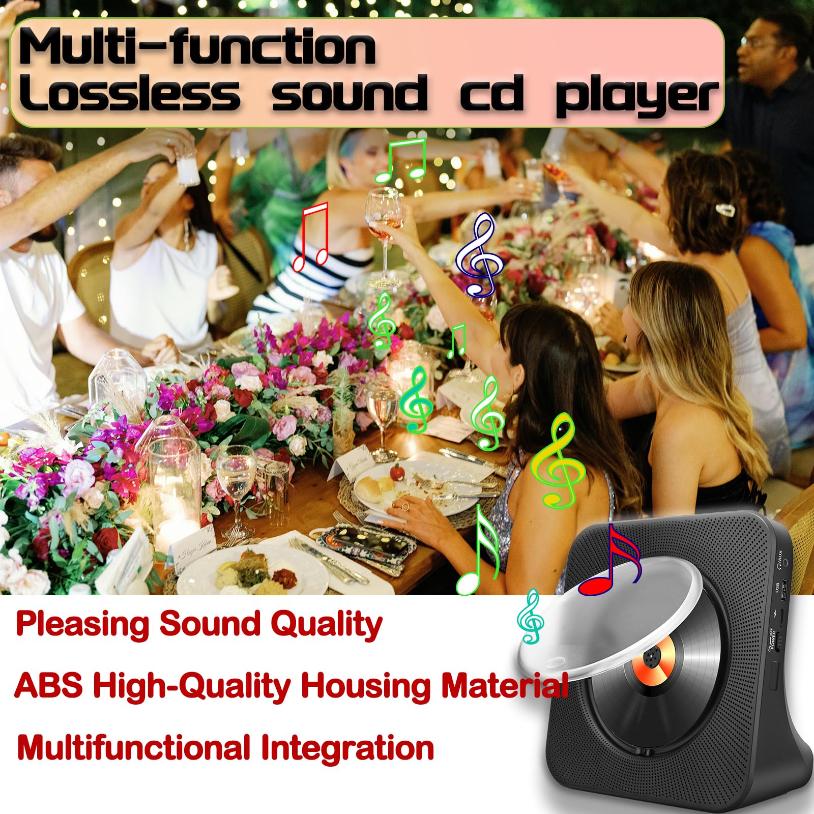 Tragbarer Bluetooth CD-Player mit Lautsprechern - 8-in-1 HiFi-Stereo-Soundsystem für Zuhause, unterstützt CD/Bluetooth/FM-Radio/USB/AUX/Timer/Fernbedienung