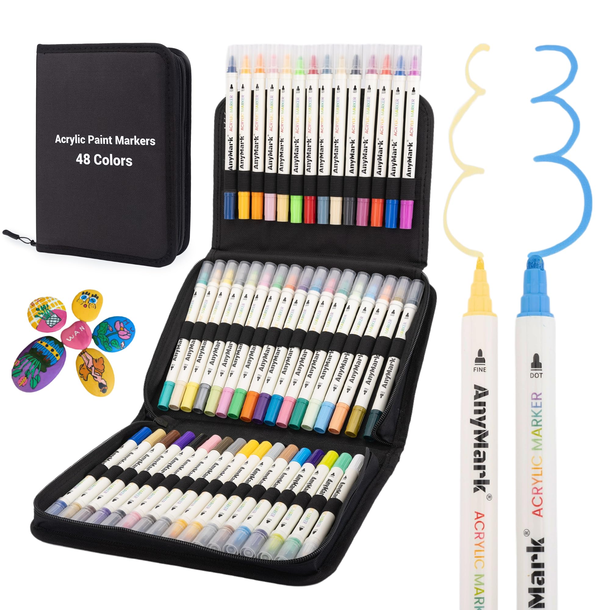 AnyMark 48 Colori Pennarelli Acrilici, Doppia Punta Dot e Fine, Marker Acrilici per Pietra, Legno, Vetro, Calligrafia, Pittura su Roccia e Fai-da-te