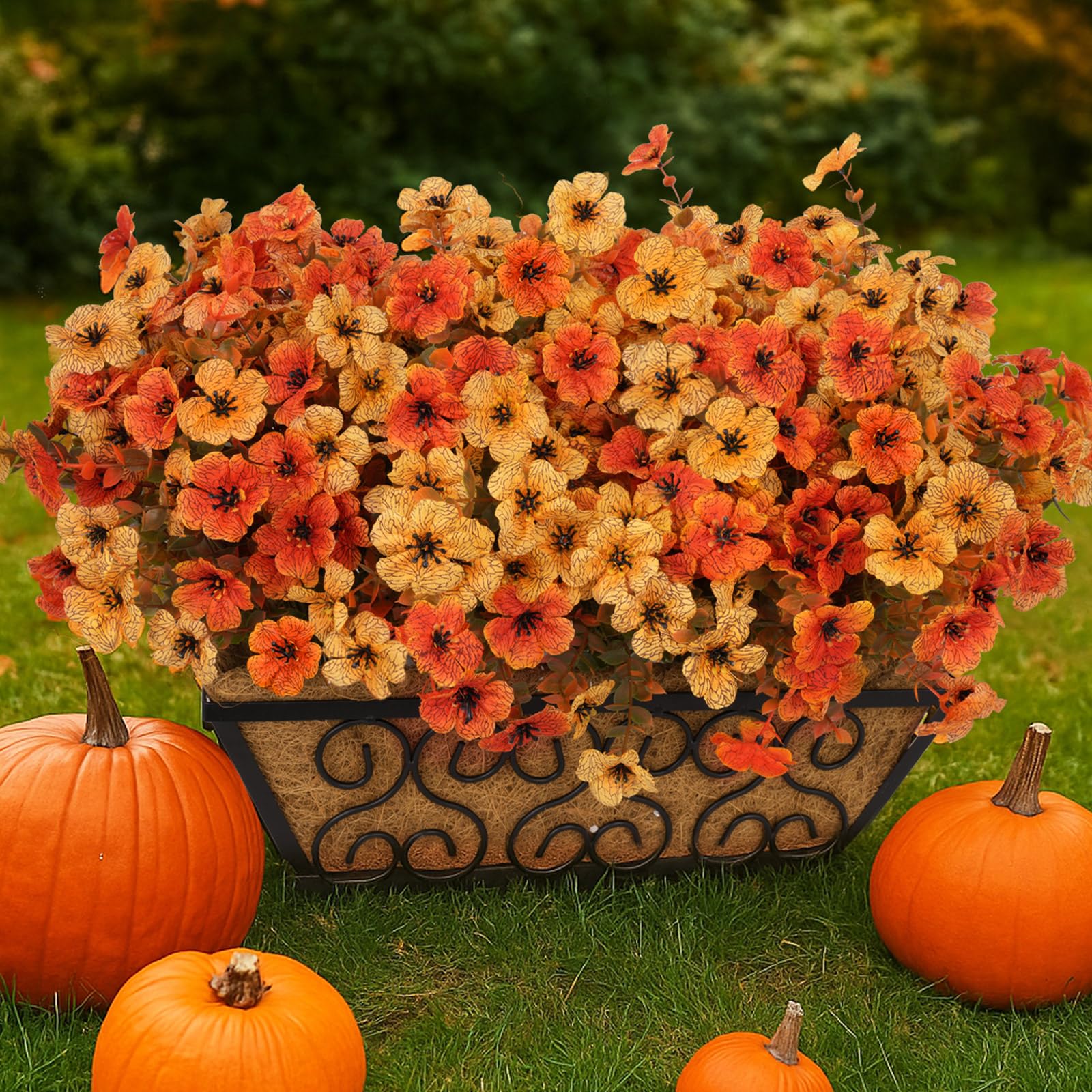 RICHMYC Fake Mums Artificial Fall Flowers for Outdoors, 12 Bundles Orange Yellow Hanging Flowers with Eucalyptus for Fall Outdoor Planters Yard Window