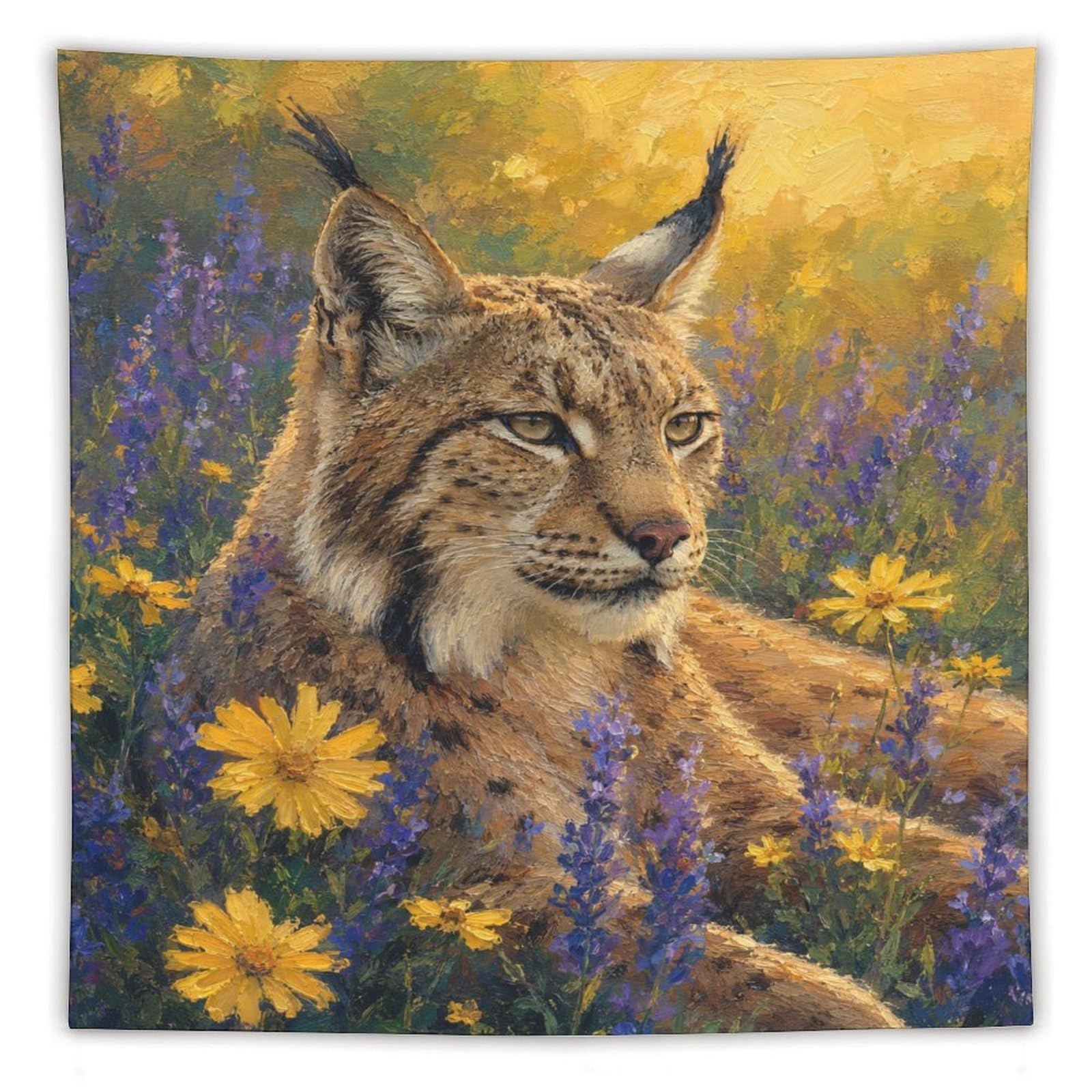 W7C8U2X3 Lynx in Wildflowers Wall Tapestry, Realistic Illustration