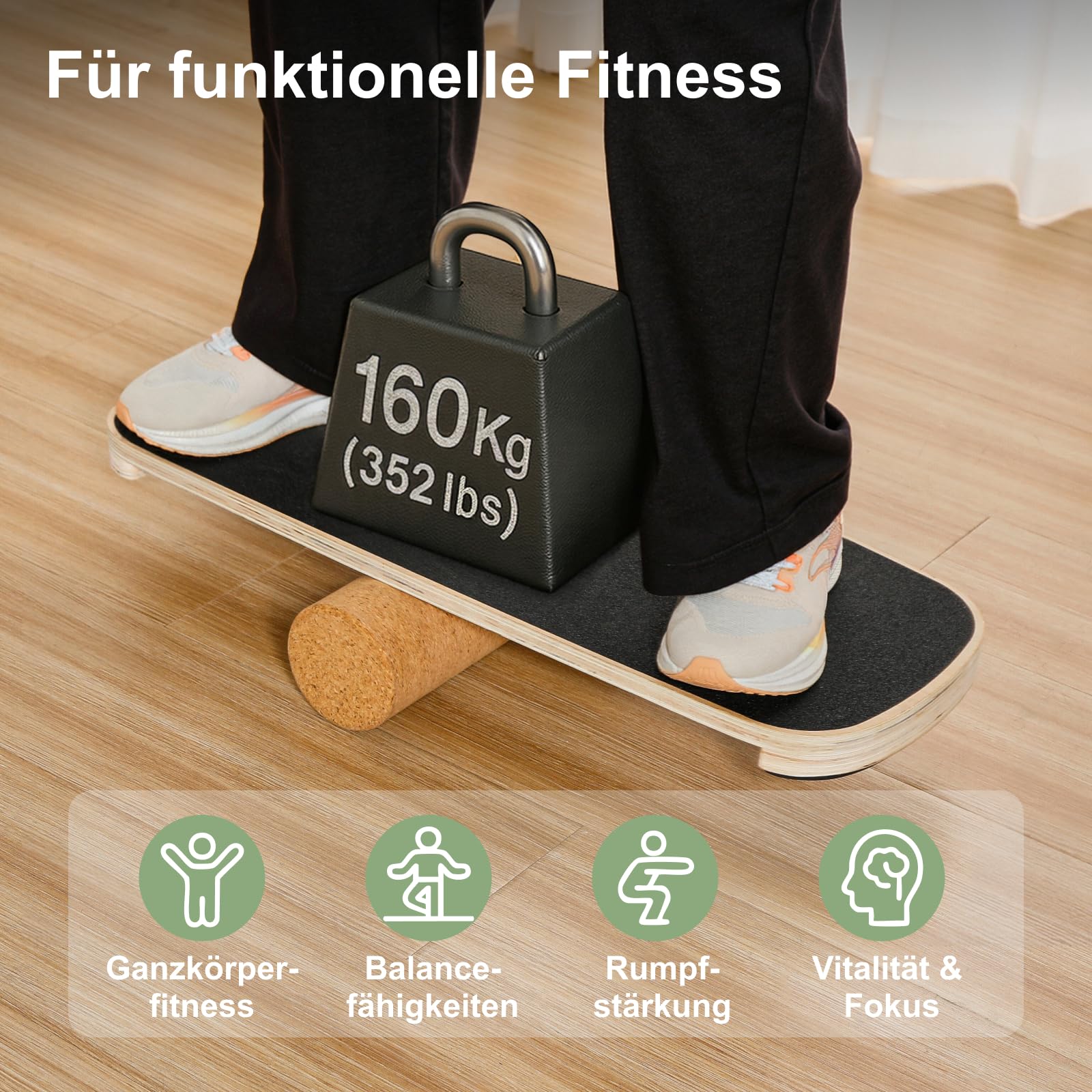 HOKO Balance Board aus Birkenholz mit Korkrolle – Gleichgewichtstrainer Perfekt für Fitness und Sport, Wackelbrett mit Anti-Rutsch Oberfläche, bis 160 kg belastbar