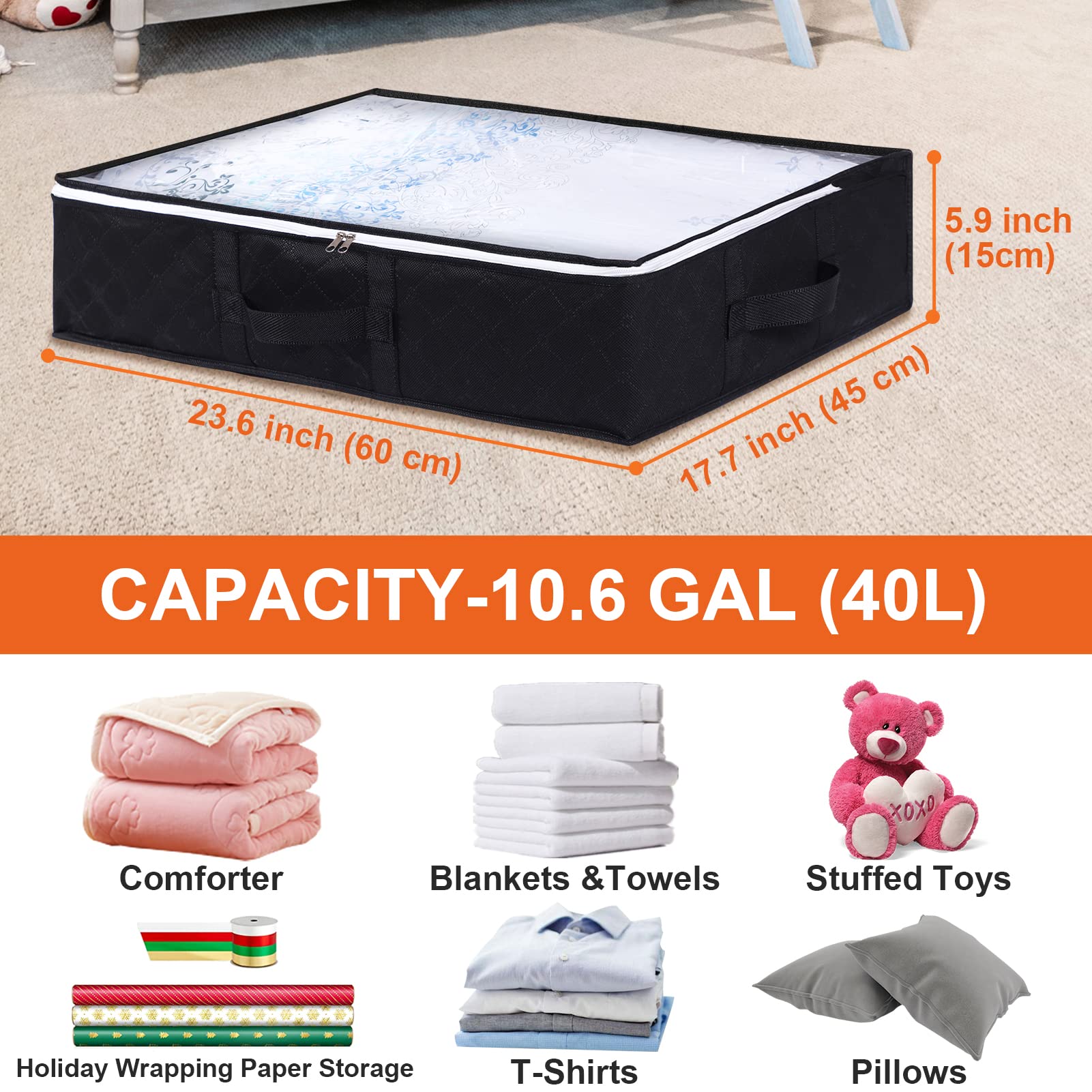 Contenedores de almacenamiento debajo de la cama, bolsas de almacenamiento debajo de la cama con cremallera, ventana transparente, organizador no tejido para ropa, suéter, edredón, manta, colchas 3