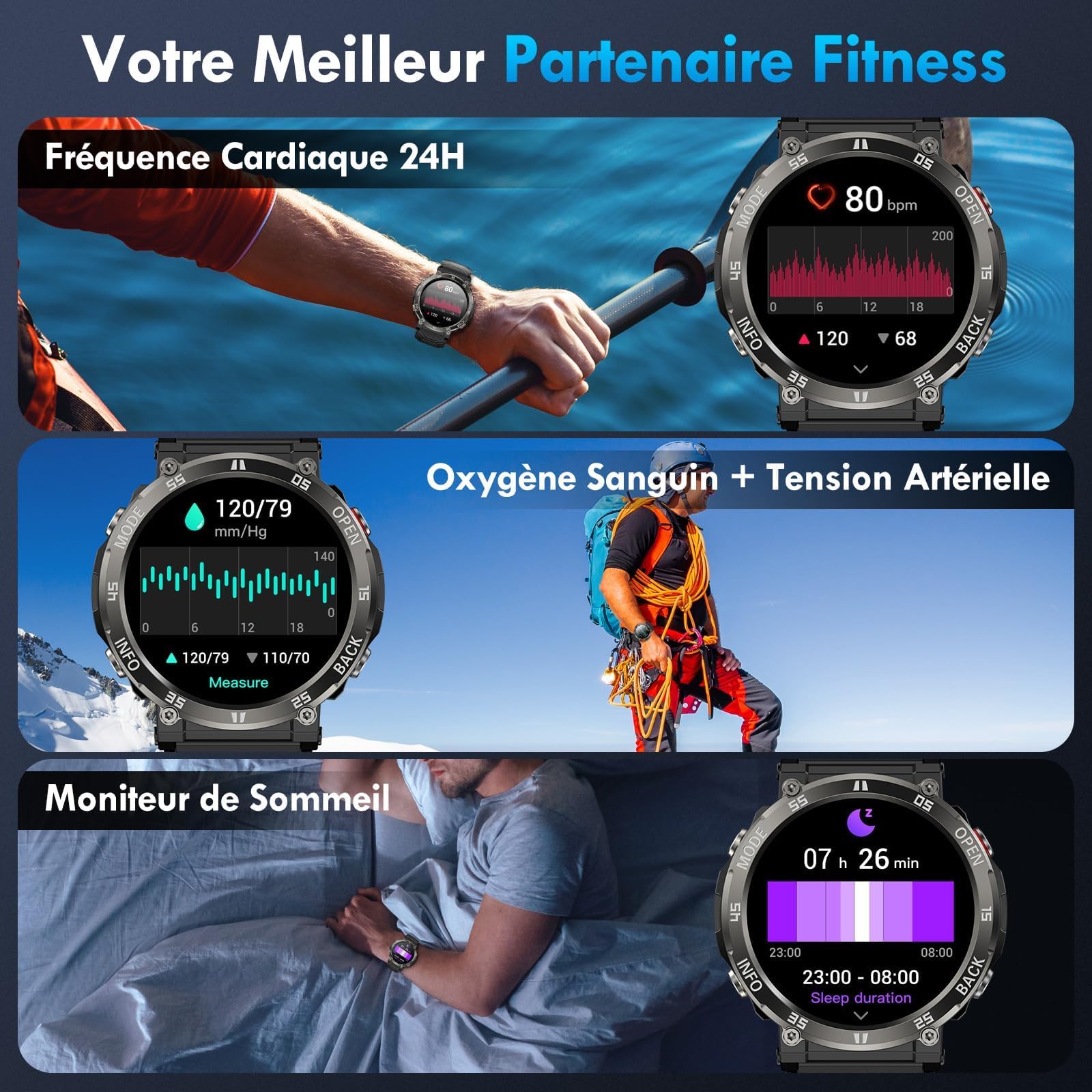 Smartwatch voor dames en heren, stappenteller, fitnesstracker met hartslagmeter, slaapmeter, SpO2, sporthorloge, Android en iPhone, waterdicht, smartwatch, meldingen, WhatsApp-oproepen, zwart