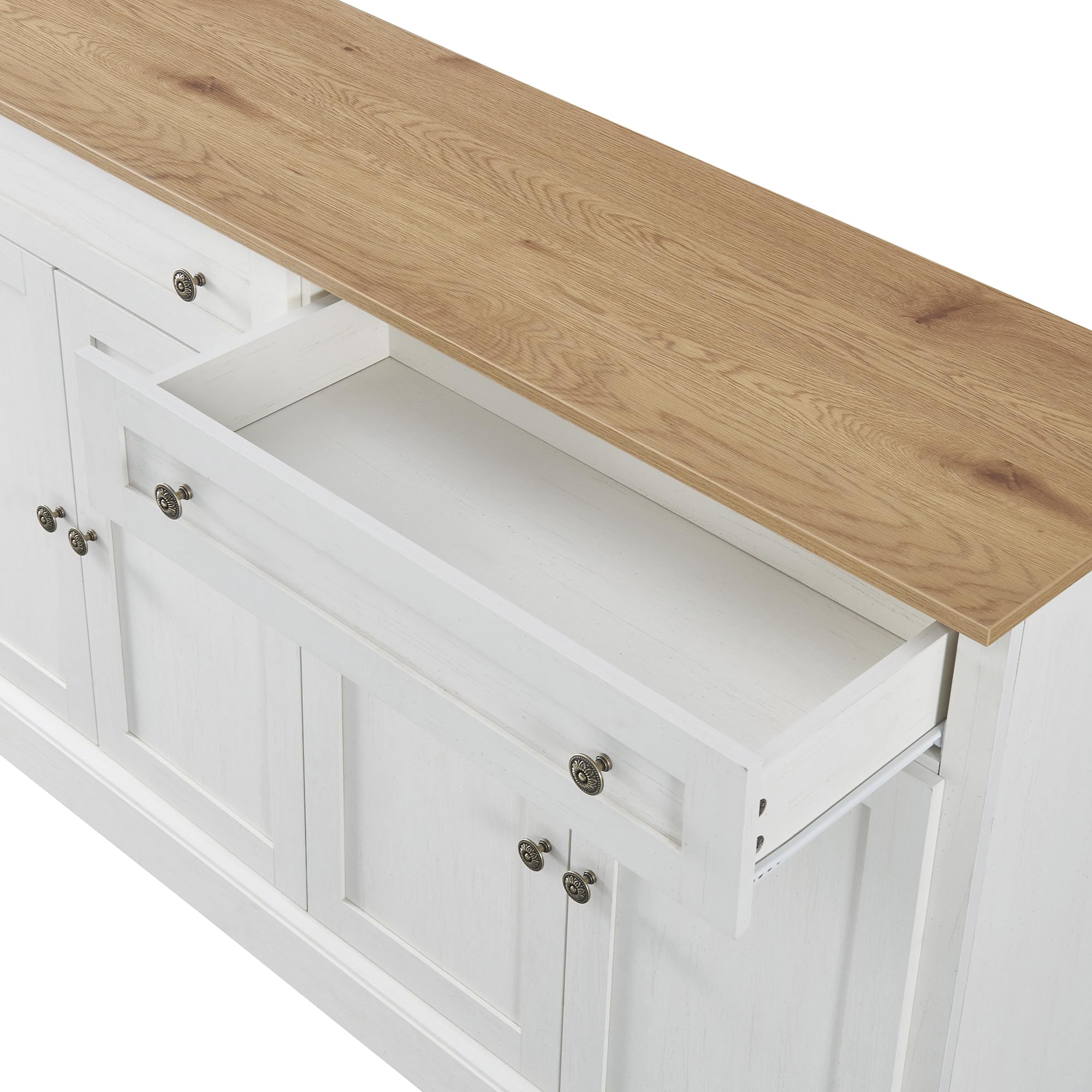 Azkoeesy Credenza con 4 ante e 2 cassetti, 150 x 40 x 86 cm, moderna cassettiera, Buffet, Mobile da cucina e soggiorno, Bianco antico/naturale