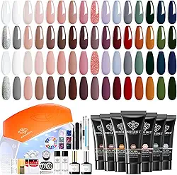 Modelones Kit de unhas de gel Poly com 133 peças, 32 cores em tons terrosos, kit completo para extensão de unhas de gel com lâmpada de 8W, solução de deslizamento, ferramentas para iniciantes em salão de beleza