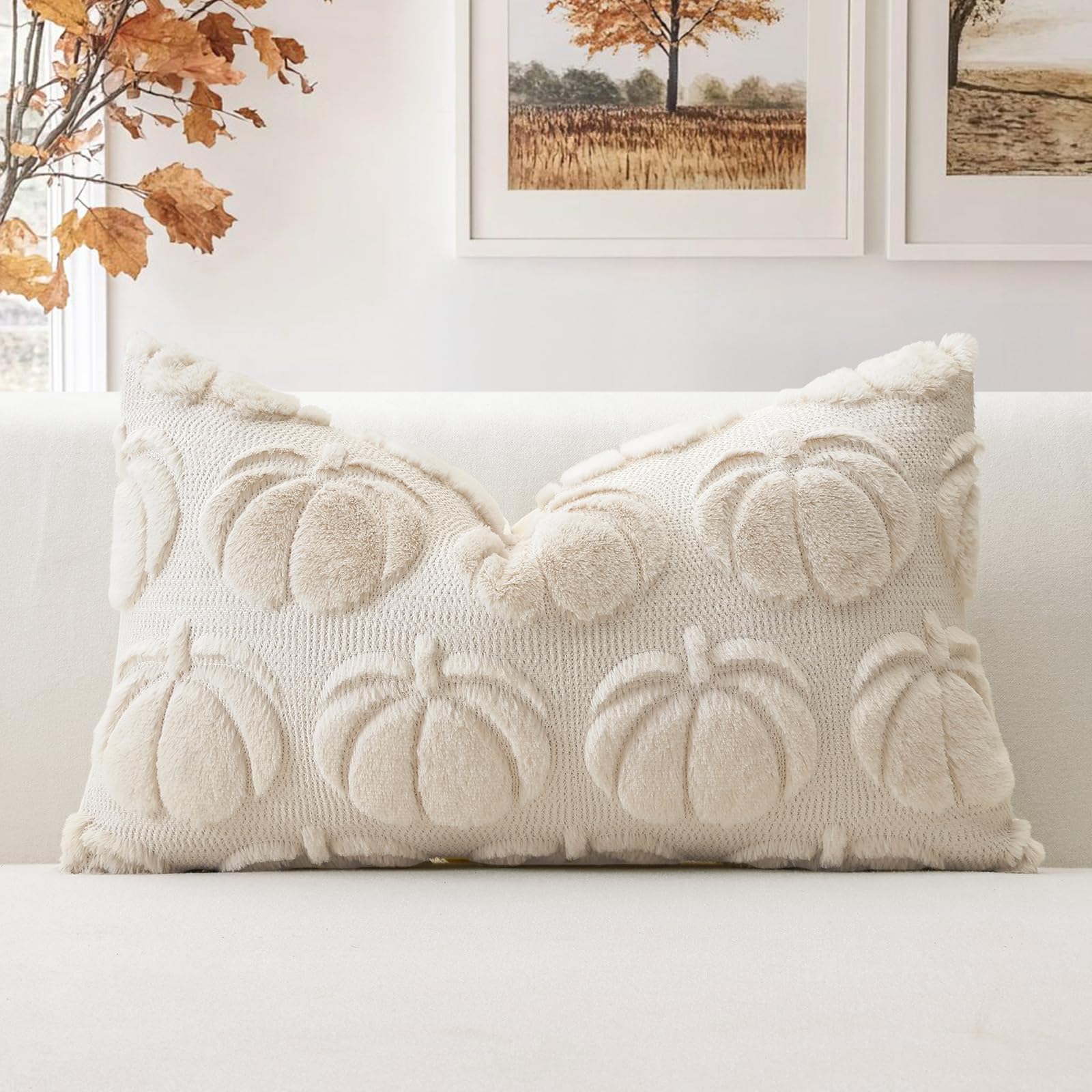 Artscope Fall Cushion Cover Set of 1 Autumn Pumpkin Throw Pillow Covers for Sofa Couch Bed Living Room Soft Plush Short Wool Velvet Farmhouse Pillowcase for Halloween 30x50cm Cream Beige — image 1