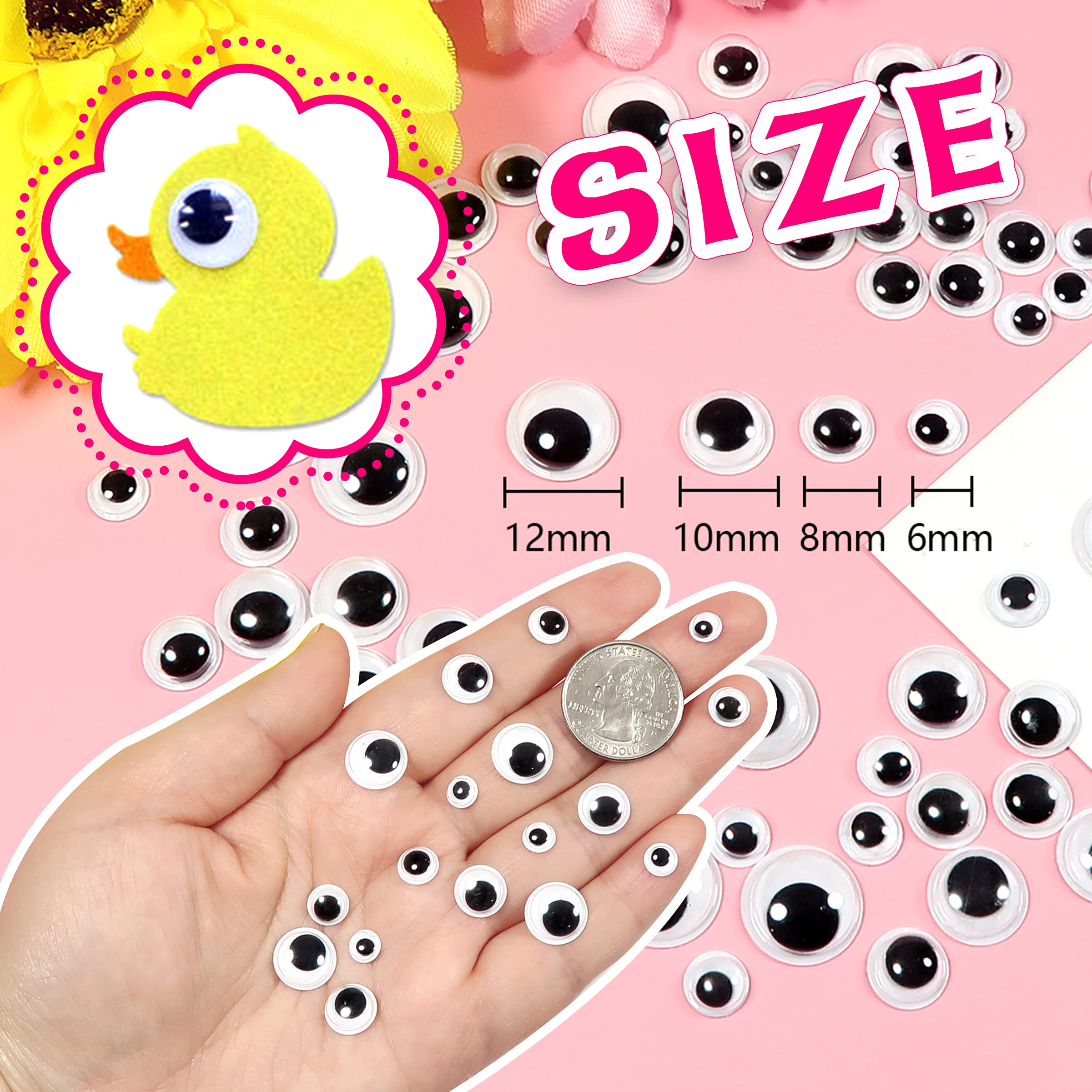 TOAOB 1200pcs Plastic Wiggle Googly Eyes with Self Adhesive 6mm 8mm 10mm 12mm Black Round Sticker Eyes for DIY Arts Crafts Scrapbooking