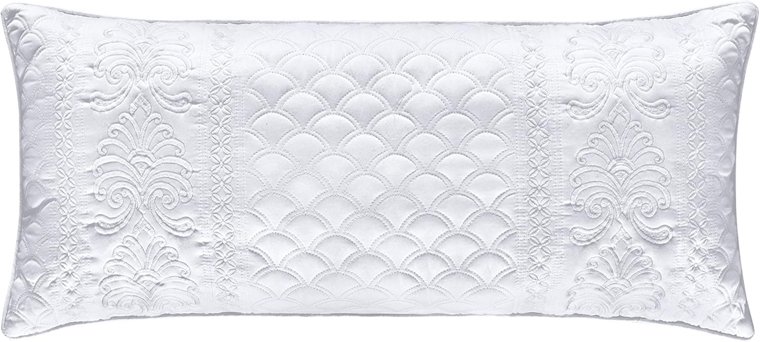 Five Queens Court Zarah Satin Damask Embroidered Boudoir Throw Pillow, White