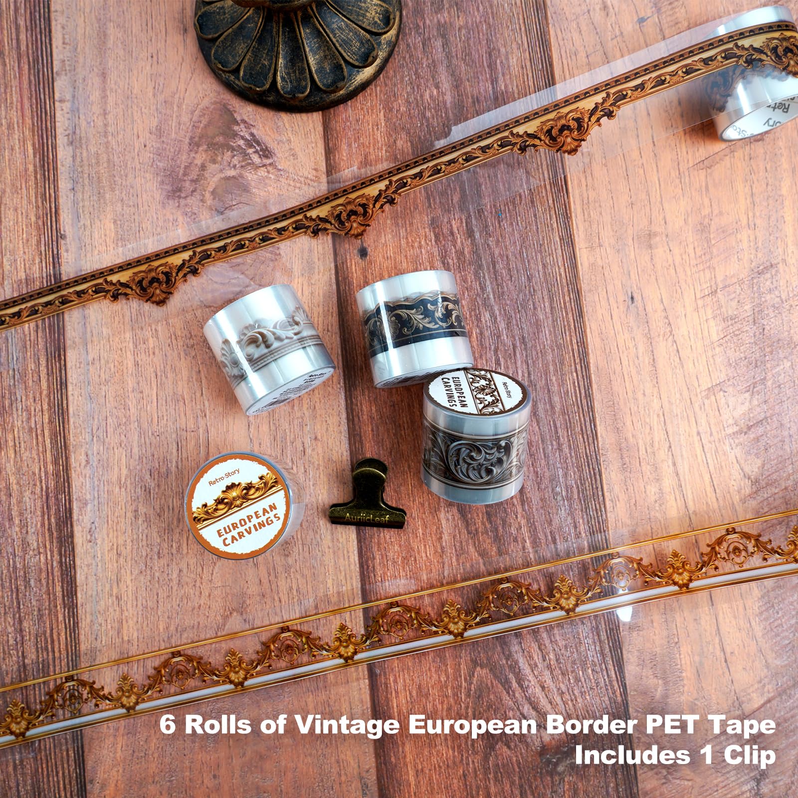 6 Rollen Vintage europäisches PET-Bordband mit Clip, barocke geschnitzte Optik, zum Abziehen und Aufkleben, dekorative Zierleiste für Scrapbooking, Tagebuch, Collage, Planer, Handwerk