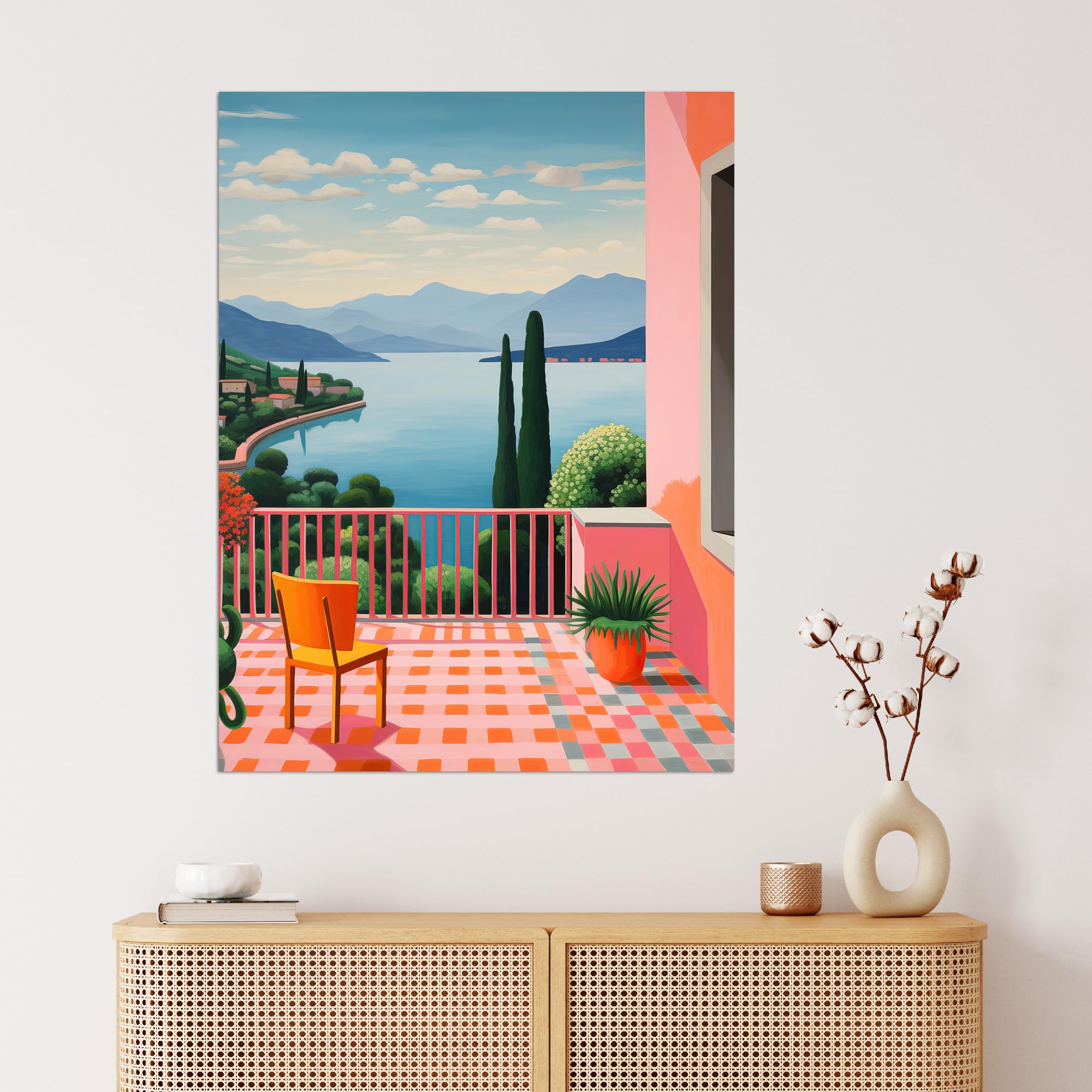 Wee Blue Coo A Veranda In Italy Oil Painting Blue Pink Green Peaceful Morning in Mediterranean Holiday Villa Extra Large XL Wall Art Poster Print - Image 4