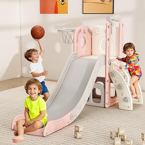 Miniatura 10 de Tobogán 6 en 1 para niños pequeños, deslizador para niños de 1 a 3 años, conjunto de juegos de interior y exterior con aro de baloncesto,