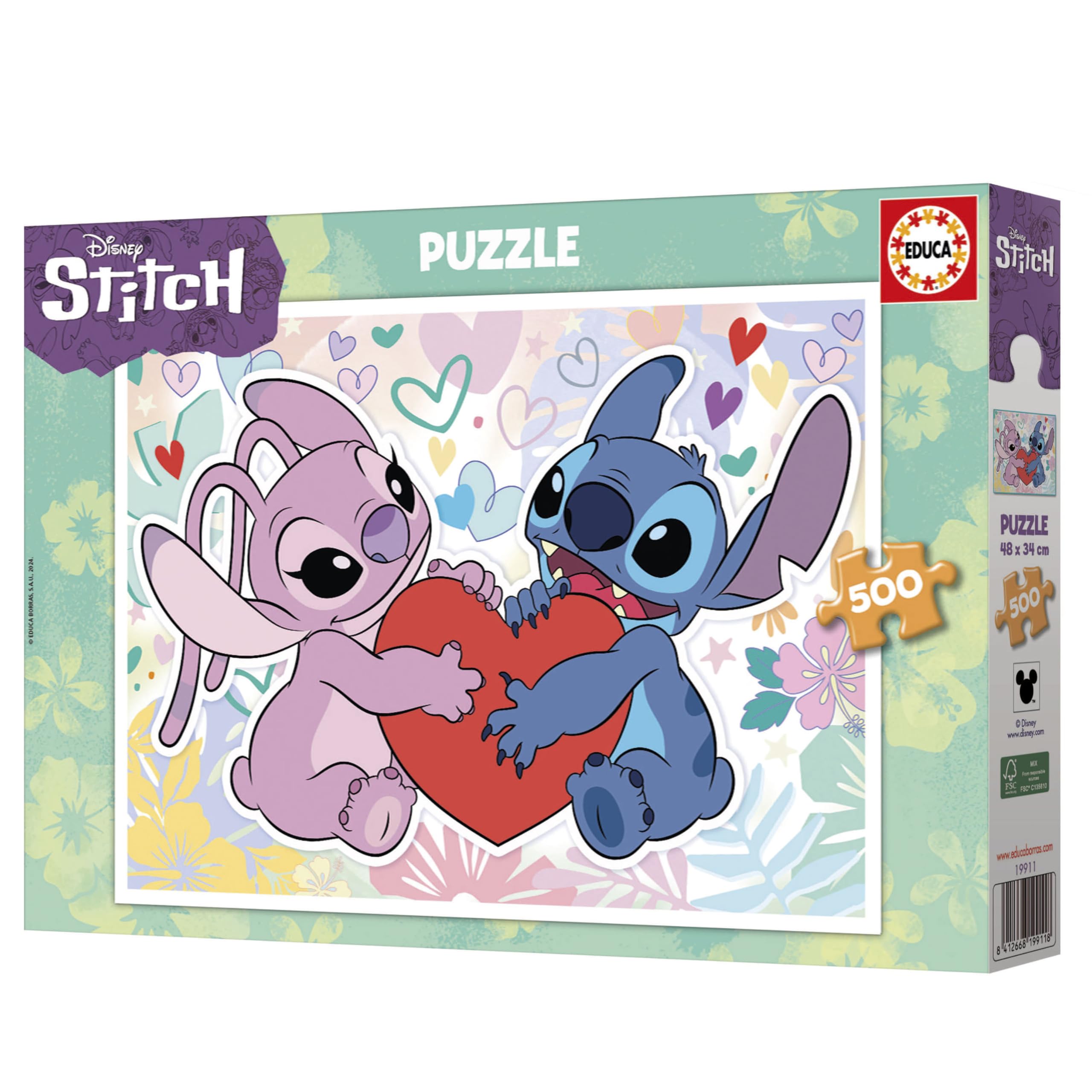 Educa - Puzzle da 500 pezzi per adulti e bambini | Disney Stitch |Misura: 48 x 34 cm. Include la colla Fix Puzzle. Da 11 anni (19911)
