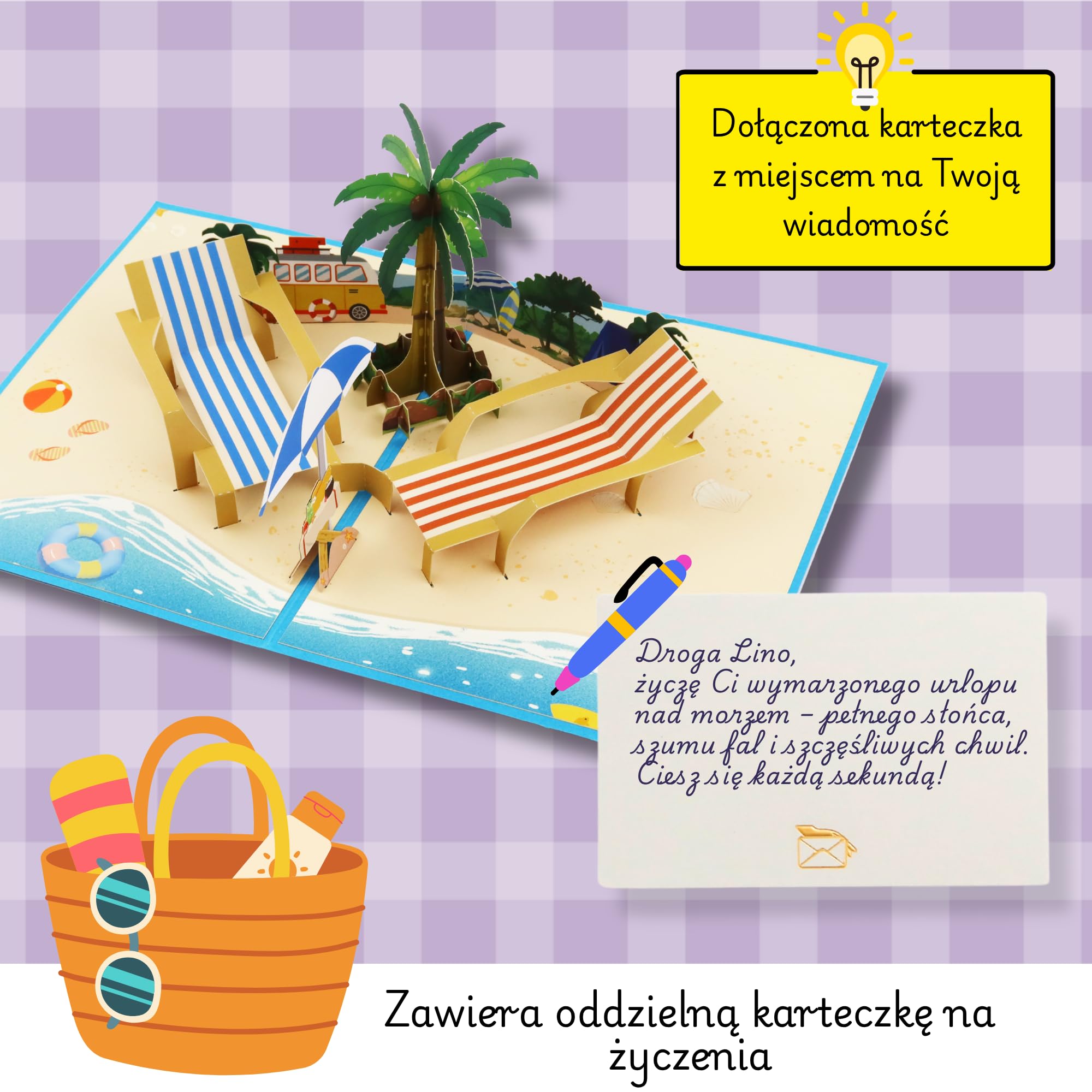Kartka pop-up plaża – leżaki 3D i palma | idealna kartka na lato i urlop na urodziny | w zestawie koperta