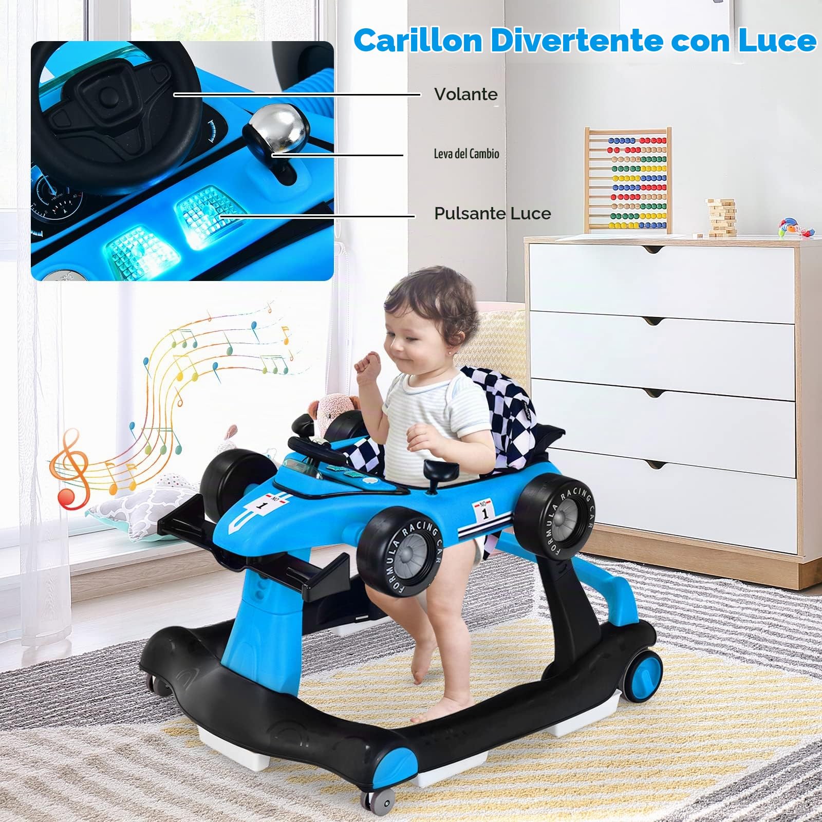 RELAX4LIFE Girello per Bambini 6-18 Mesi, Baby Walker 4 in 1 Trasformabile, Carrello Primi Passi e Macchinina a Spinta con Luci e Suoni, Altezza Regolabile, Pieghevole (BLU)