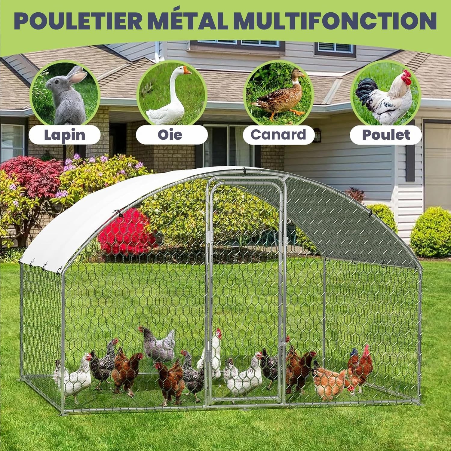 Enclos Poulailler Extérieur 6 m² à Toit Arrondi en Acier Galvanisé avec Bâche PE Imperméable et Porte Verrouillable – Parc Grillagé pour Poules, Lapins et Petits Animaux – 2 x 3 x 2 m