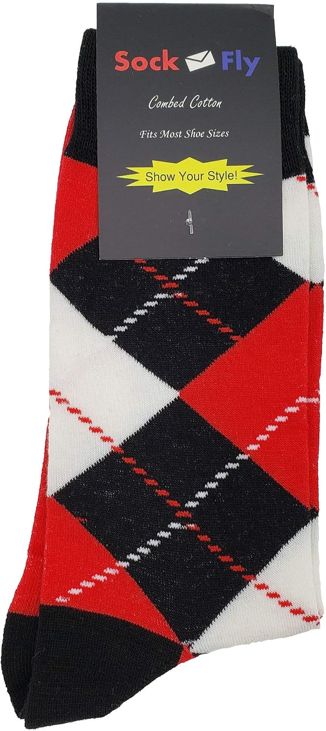 Argyle Dress Socks Funny Novelty Crazy Fun Design Men Size 8-12 Cotton Casual Crew Colorful Funky Gift for Men