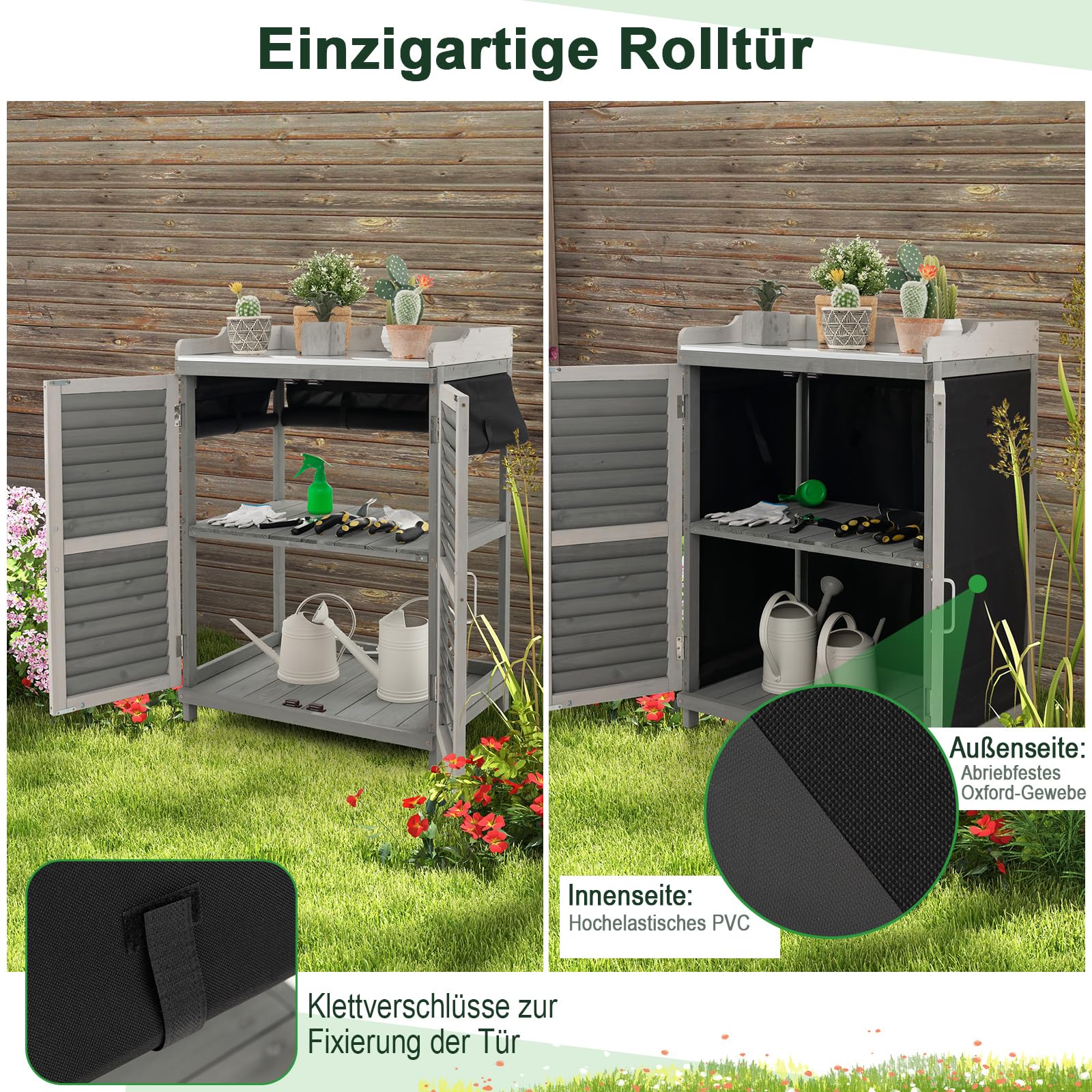 GOPLUS Gartenschrank Holz, Holzschrank mit Metalltischplatte & 2 Ablagen, Geräteschrank Gartenschuppen mit Belüftungstür, für Garten & Hinterhof, 67 x 47 x 100 cm
