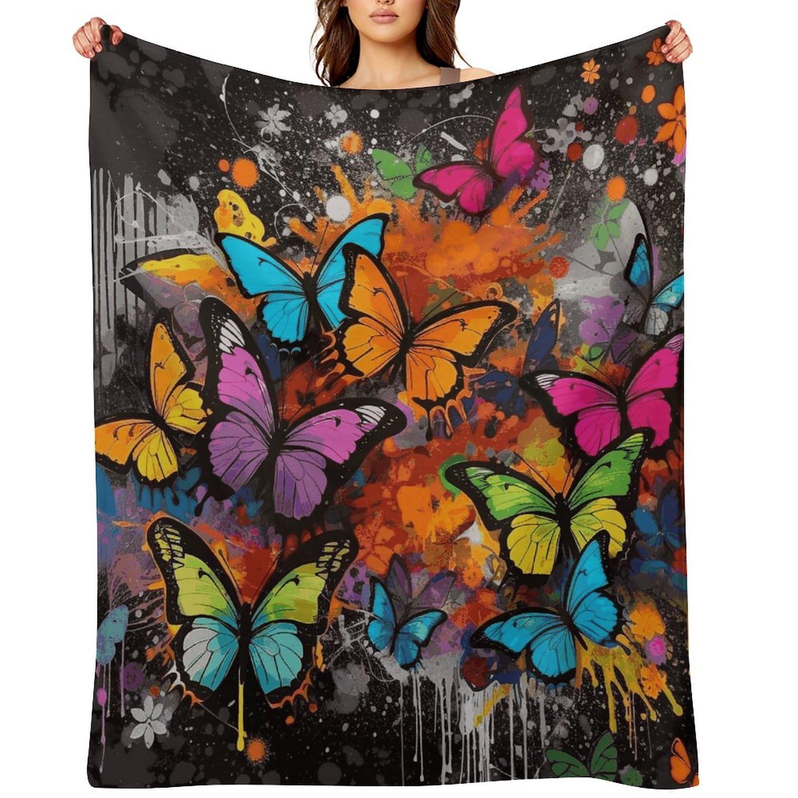Flannel Fleece Throw Blanket - 50"x60" Super Soft Plush,Lightweight Wrinkle Resistant Cozy Art Graffiti Butterflies Print Blanket for Couch Sofa Bed Travel Camping and Gift