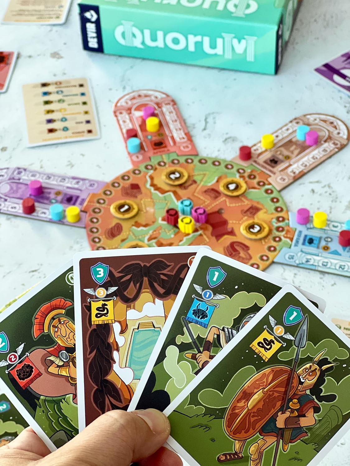Devir - Quorum Board Game, Roman Empire Strategy Card Game with Set Collection & Area Influence for Teens and Adults, Ages 14+, 2–4 Players, 45 Playtime, Multi-Language