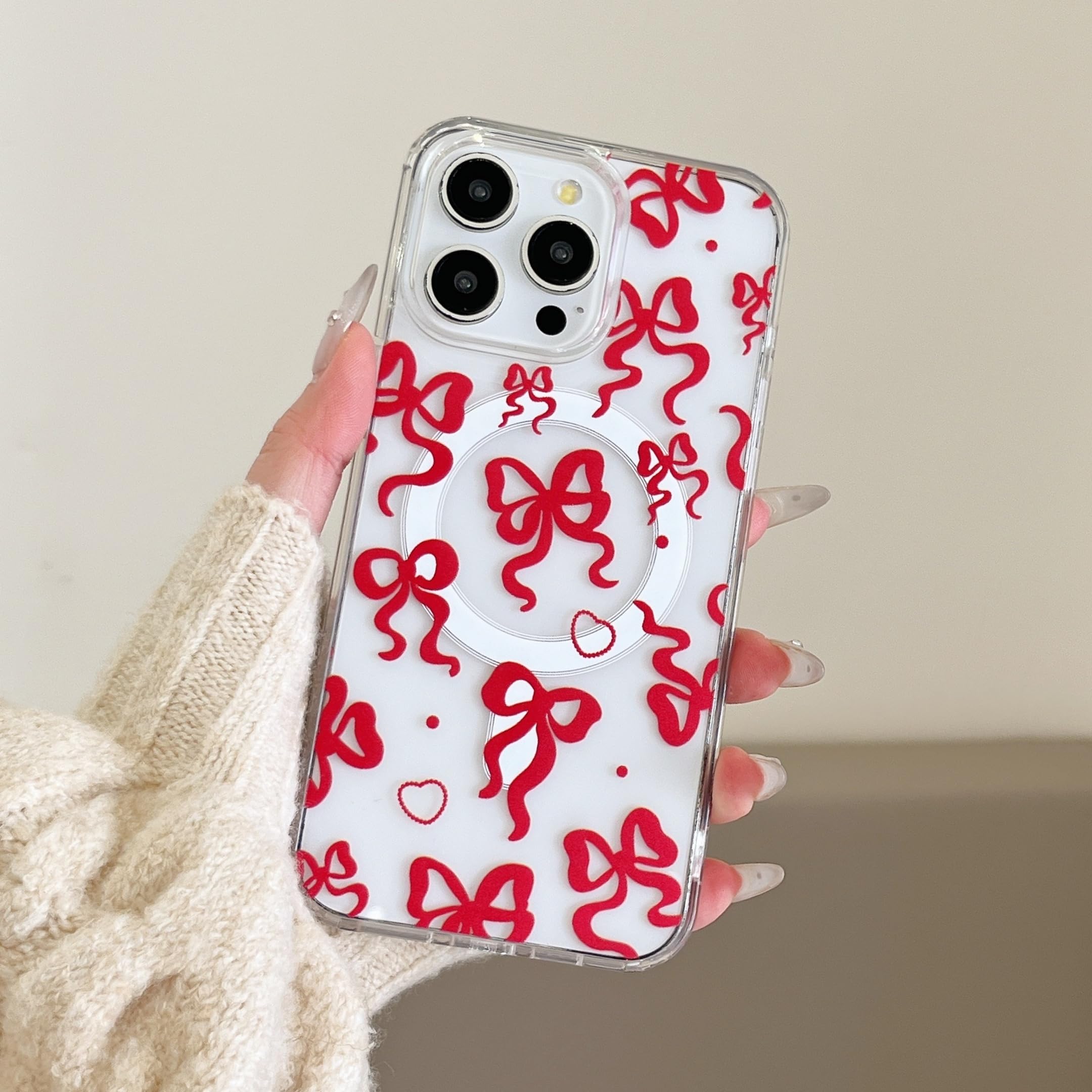 UEEBAI Magnetic for iPhone 15 Pro Max Case, Bow Case Compatible with MagSafe, Wireless Charge Cute Ribbon Phone Cover Anti-Yellowing Pretty Heart Clear Cover for Women Girl - Burgundy