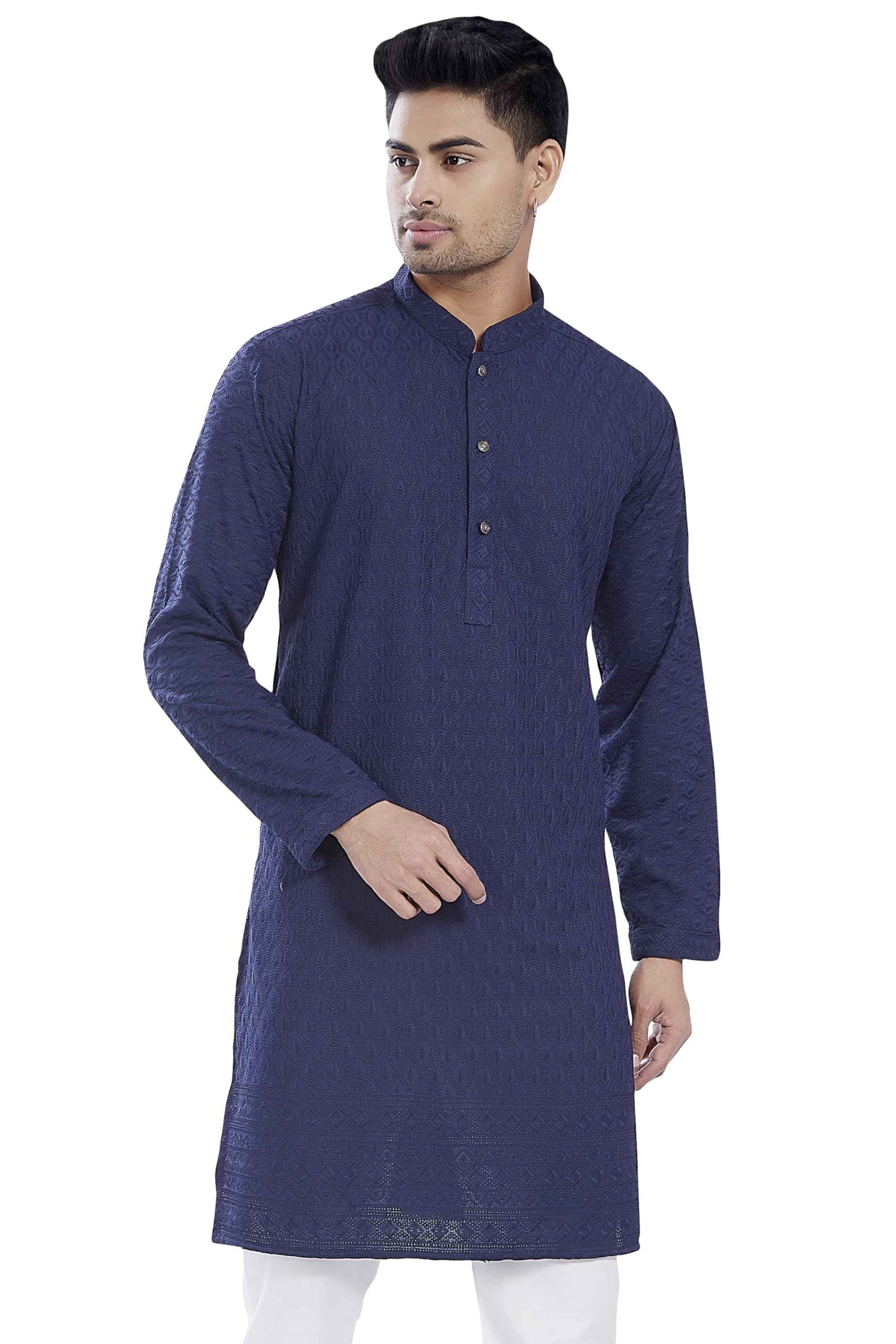 Divisive Men's Thread Embroidered Cotton Blend Only Slim Fit Kurta (Dkrt729_S_Navy)