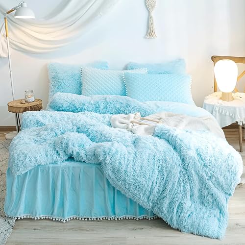 Fluffy Blue Comforter Cover Full Size Set, Soft Furry Plush Blue Bedding Full Size 3 Pieces (1 Fuzzy Duvet Cover + 2 Faux Fur Pillow Cases) Fluffy Bed Set, Zipper Closure