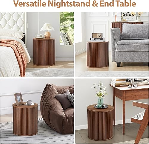 Miniatura 6 de AVZEAR Juego de 2 mesitas auxiliares redondas pequeñas acanaladas, mesa auxiliar moderna de mediados de siglo con almacenamiento, mesitas de noche