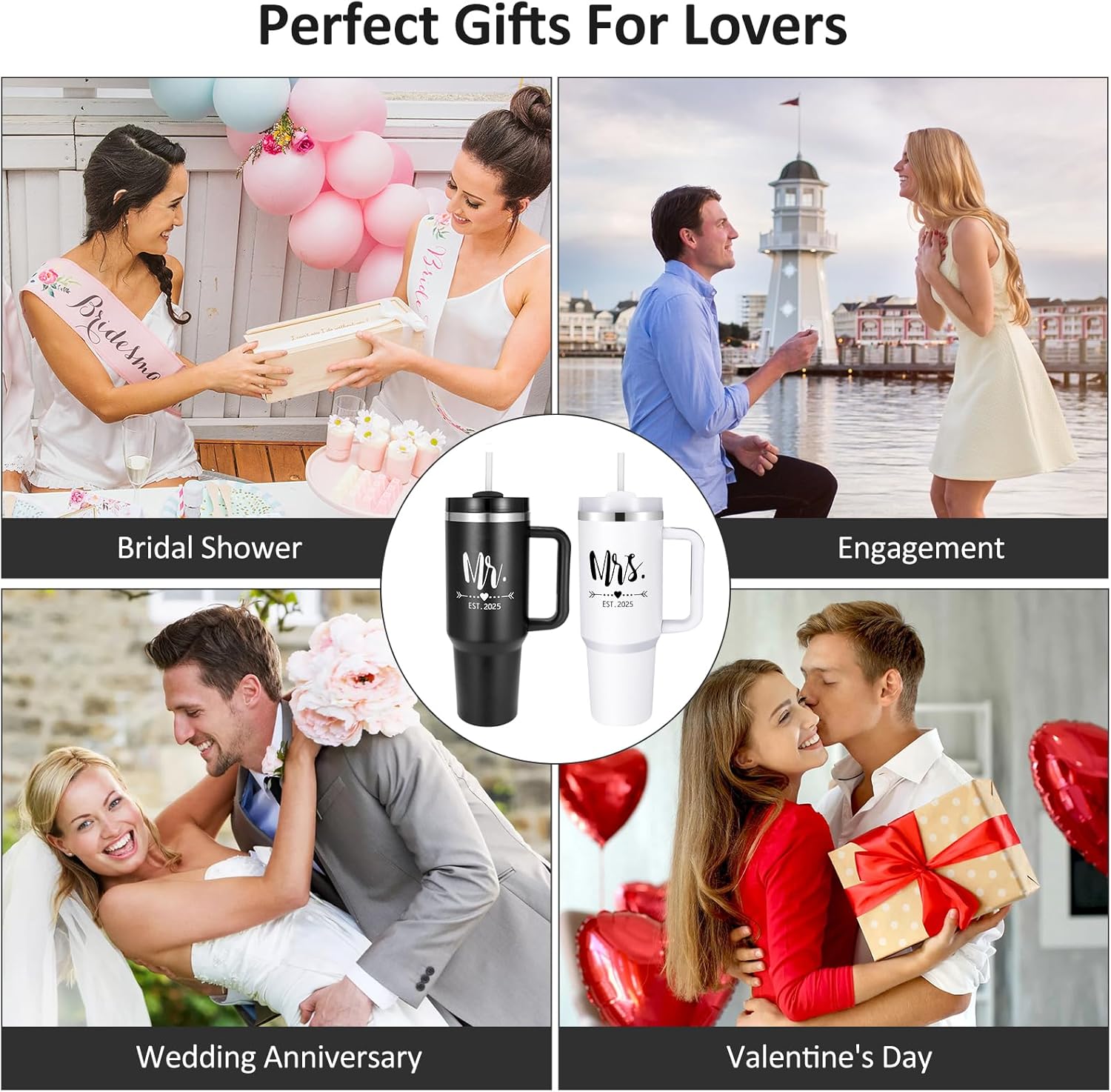 Mr & Mrs Tumblers, Mr and Mrs EST 2025 Stainless Steel Insulated Tumbler Set with Straw & Handle, 40 oz Travel Mug Tumbler for Couples Engagement Wedding Gifts, Cups for Bridal Shower Anniversary - Image 6