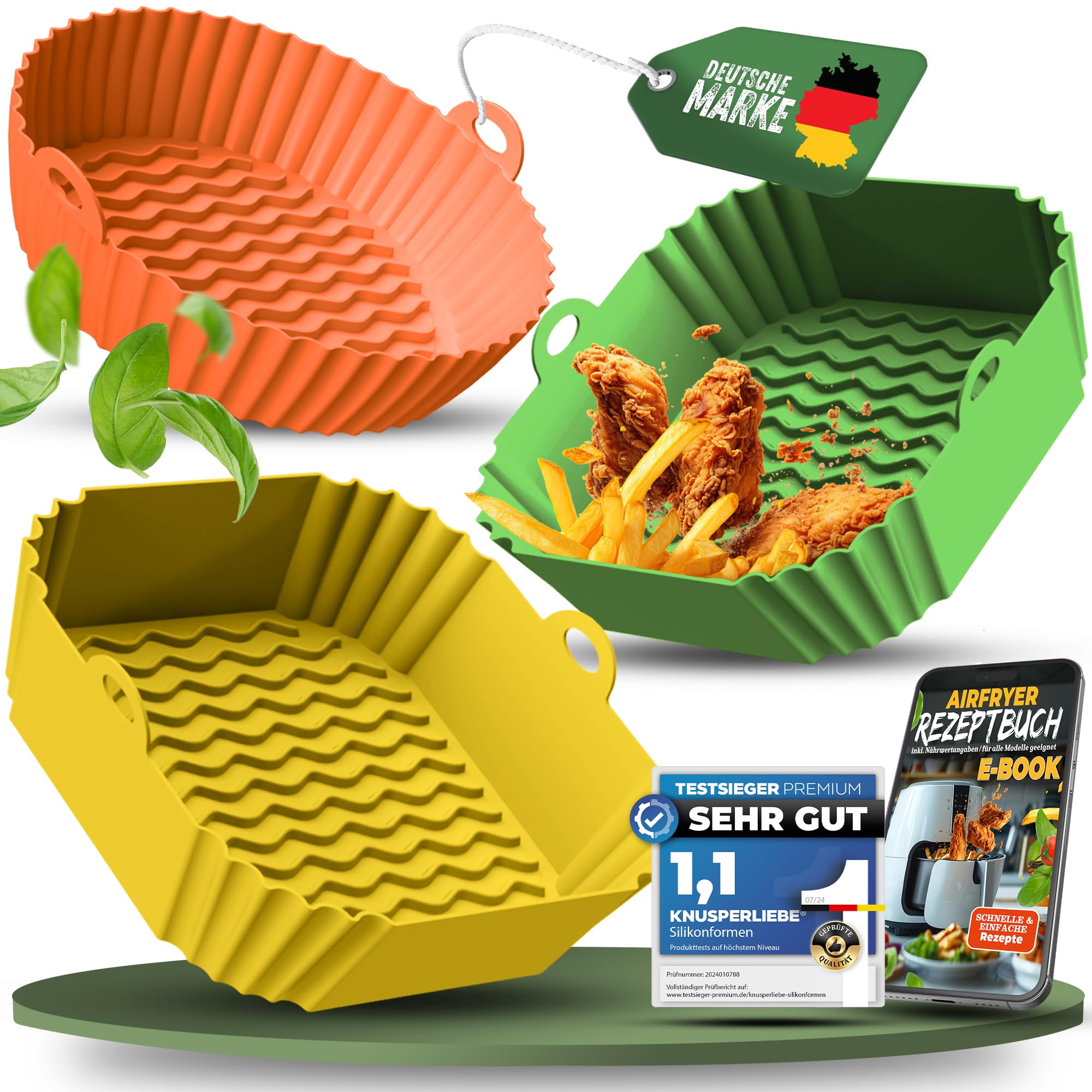KNUSPERLIEBE® 3er SET Silikonform für Heißluftfritteuse Zubehör | Silikoneinsatz für Airfryer, Spülmaschinen geeignet, BPA-FREI, Air fryer, ab 3,7L für Ninja Double Stack, Philips, Cosori, Tefal uvm.