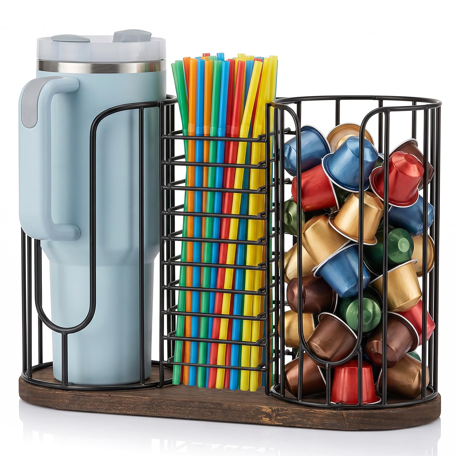 Ghshanog Coffee Station Organizer, 4 Compartment Cup Holder Lid Dispenser with Straw Basket, Metal Paper Cup Dispenser with Wood Base for Home Office Café Tea Box Organiser(3 Slot)