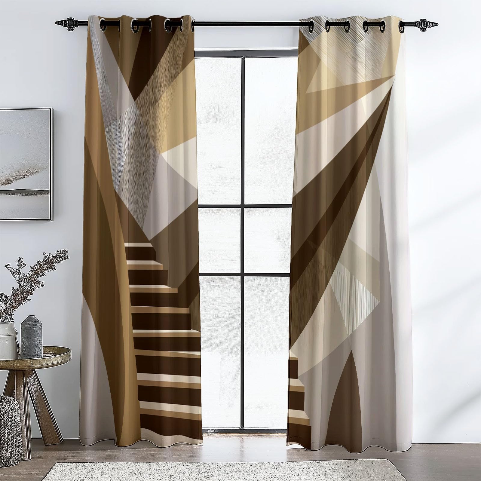 DécorationGéométrie Abstraite Escaliers, Rideaux Longs140L X 260H cm (2 Panneaux), Tissu Occultant Gris Clair pour Baie VitréeBrun