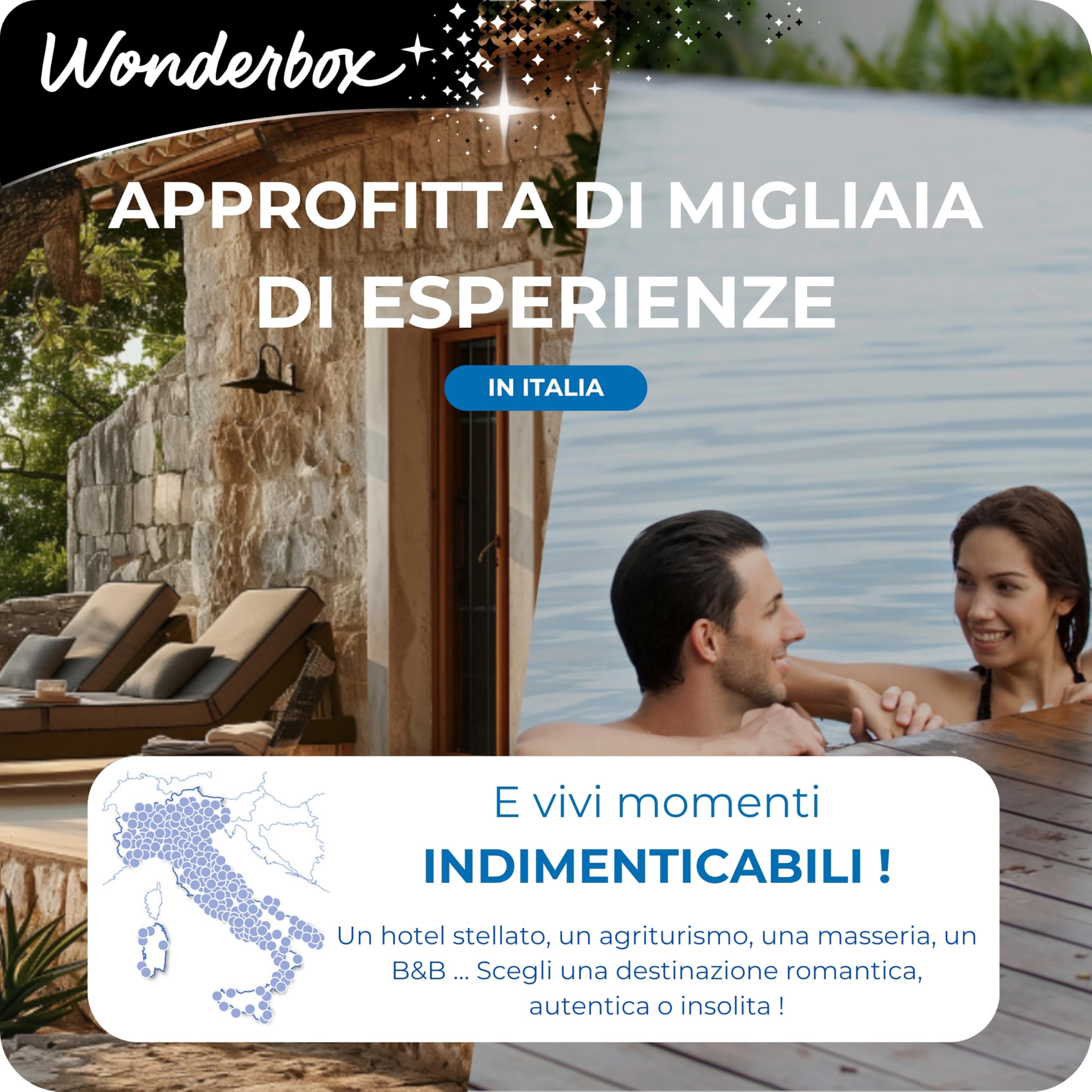 WONDERBOX - Cofanetto Regalo - 3 Giorni Esclusivi - per 2 Persone | 2 notti con 2 colazioni, con o senza attività benessere - Più di 450 soggiorni - Hotel 5* e 4*, Resort, Spa Hotel