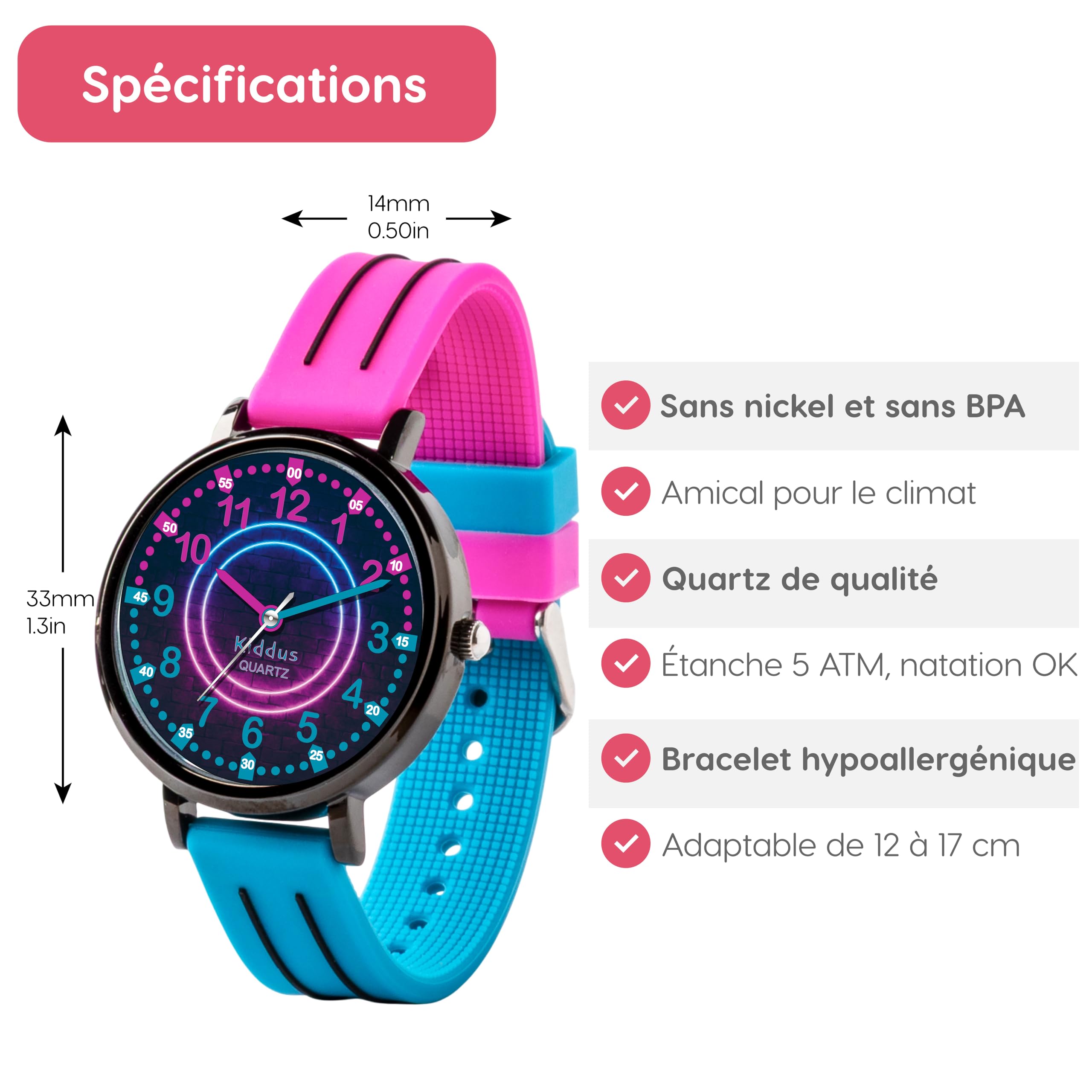 Kiddus Montre Éducative pour Enfants, Montre Bracelet Analogique pour Garçon et Fille à partir de 5 Ans, Waterproof 5ATM, Première Cadeau Apprentissage pour Enfant