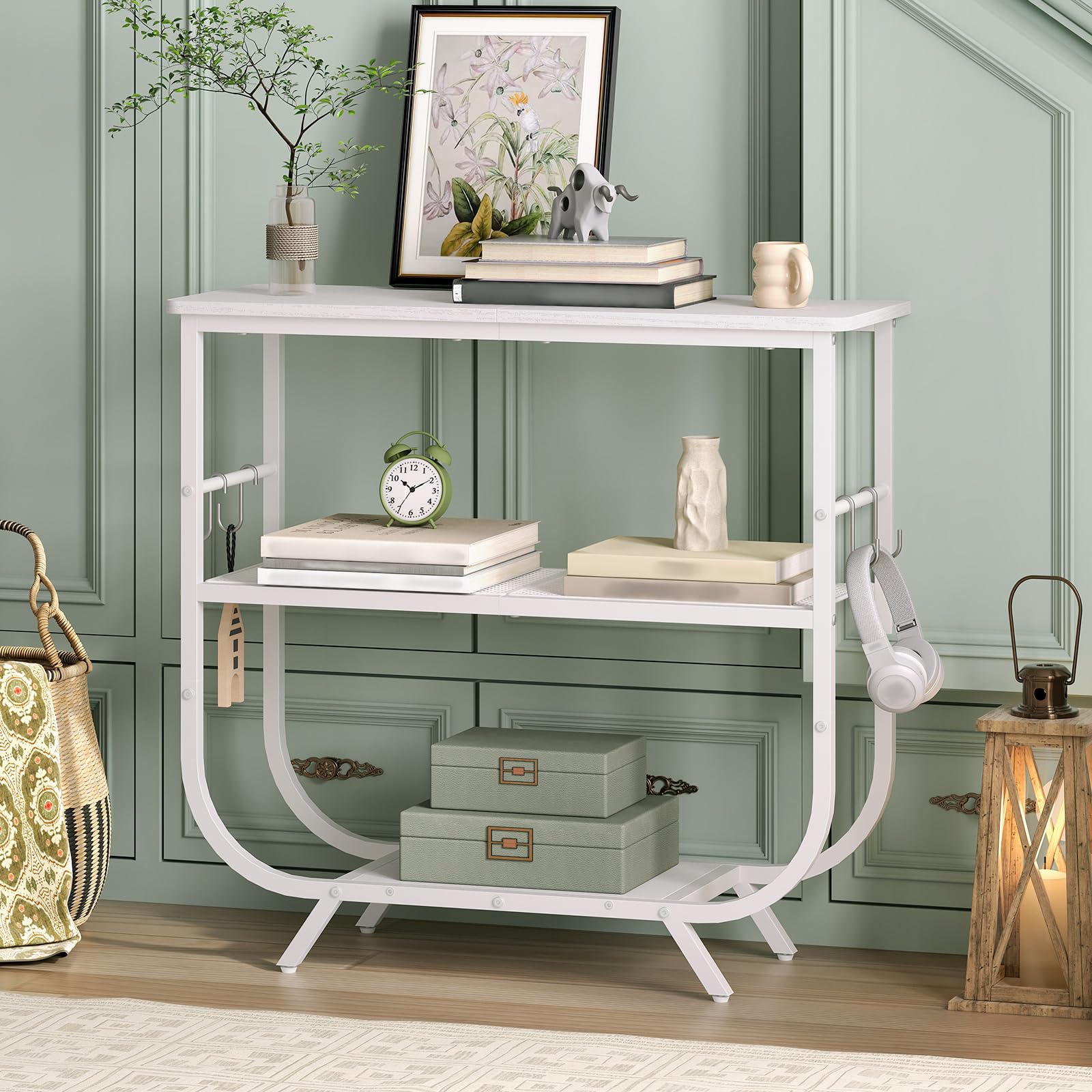 HOOBRO Mesa de Consola de 3 Niveles, Estantería Estrecha con Marco Metálico, 80 x 30 x 74 cm, Mesa Auxiliar para Sofá, Mueble de Entrada con Pies Ajustables y Ganchos, Pasillo, Salón, Blanco EWW63XG01