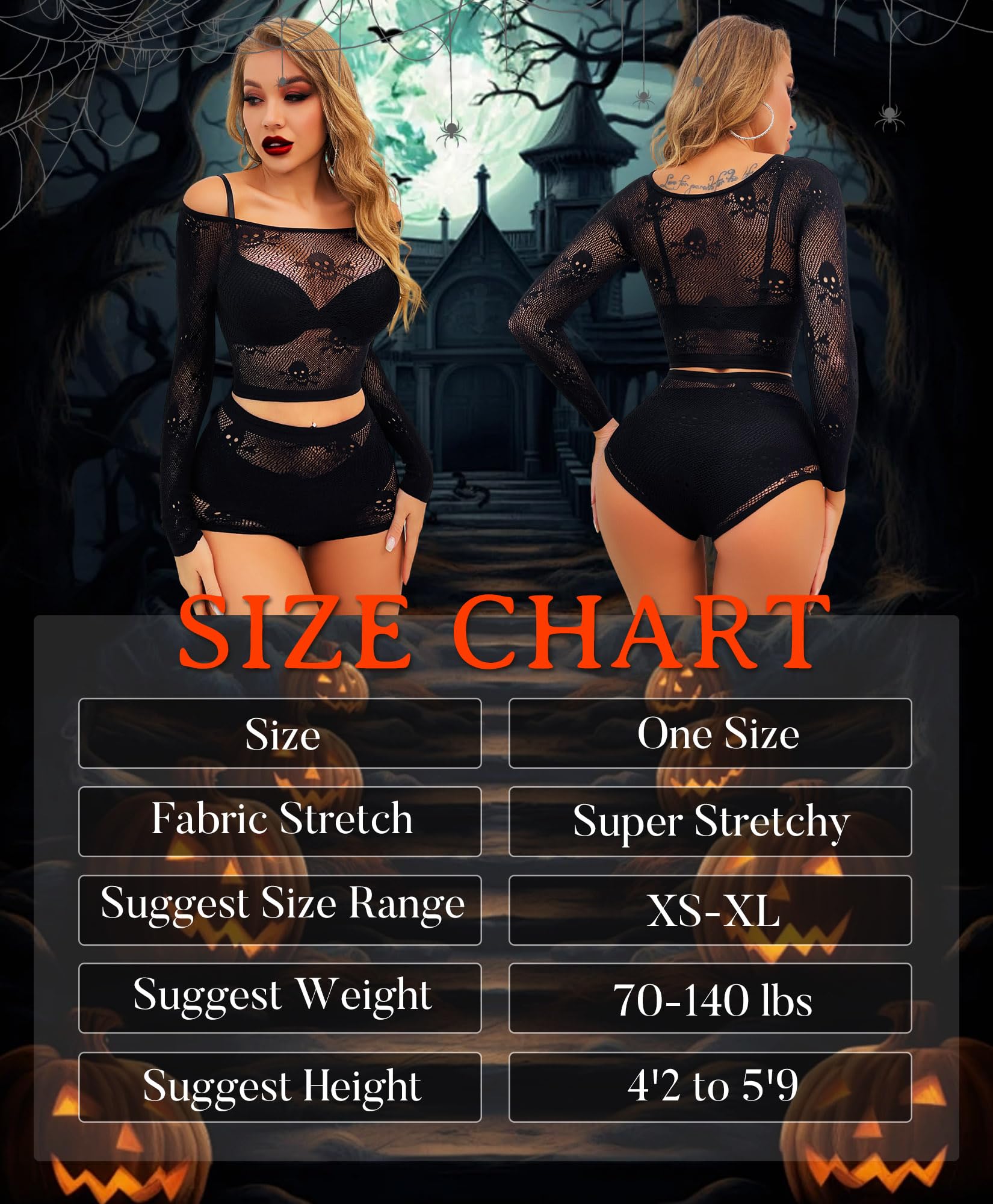 Women Lingerie Set Two Piece Fishnet Sets Skull Top and Panty for Halloween: Black