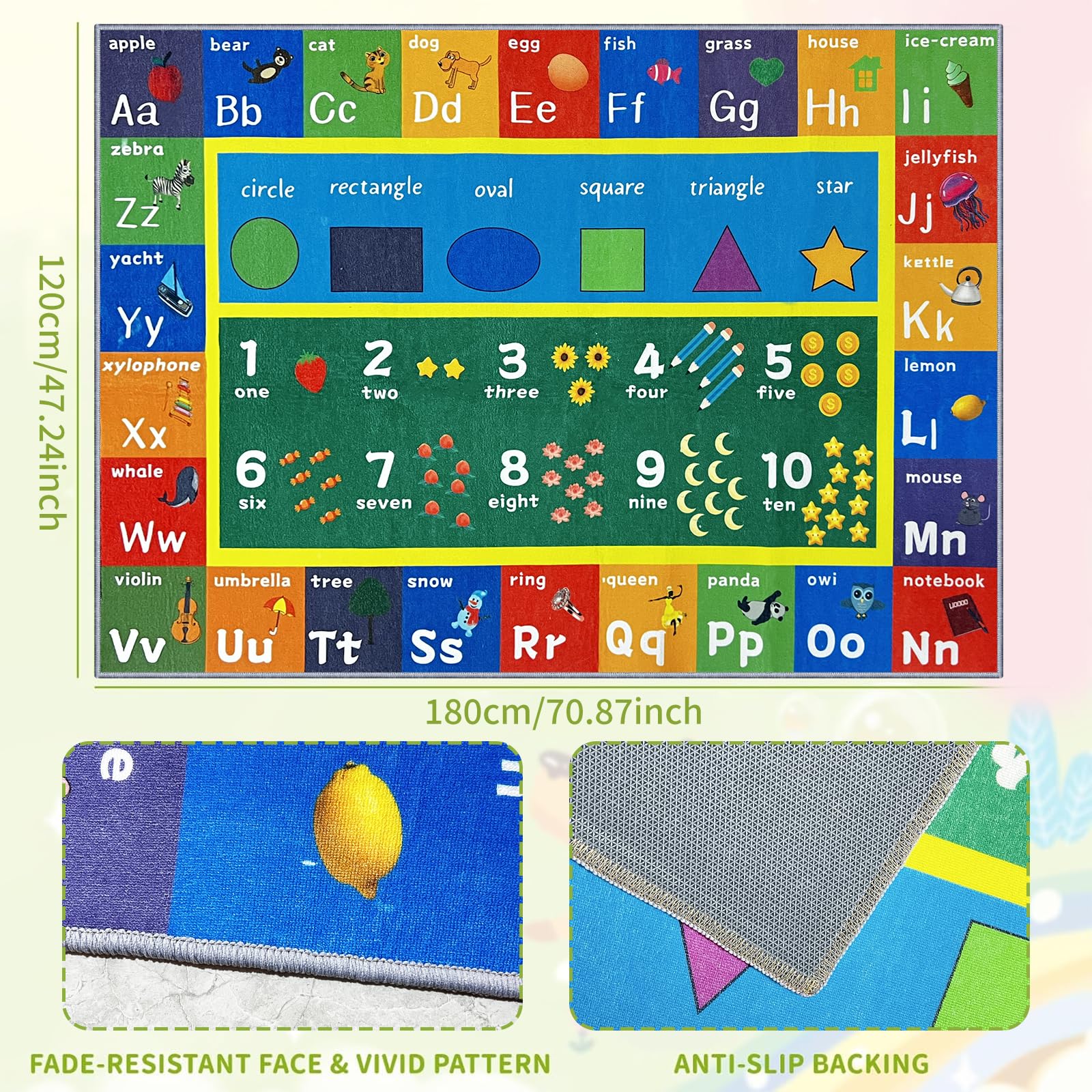 Lernteppich für Kinder, großes ABC-Alphabet und Zahlen, Lernteppich für Spielzimmer und Klassenzimmer, rutschfeste und waschbare Spielmatte, lustige und interaktive Bodenmatte (grünes