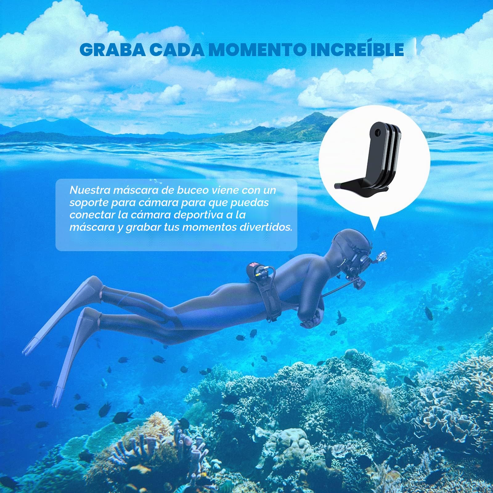 SMACO Máscara de buceo de cara completa con soporte para cámara, máscara de esnórquel de cara completa para adultos compatible con S400/S400 Plus/S400 Pro/S700 Tanque de buceo, kit de máscara de buceo