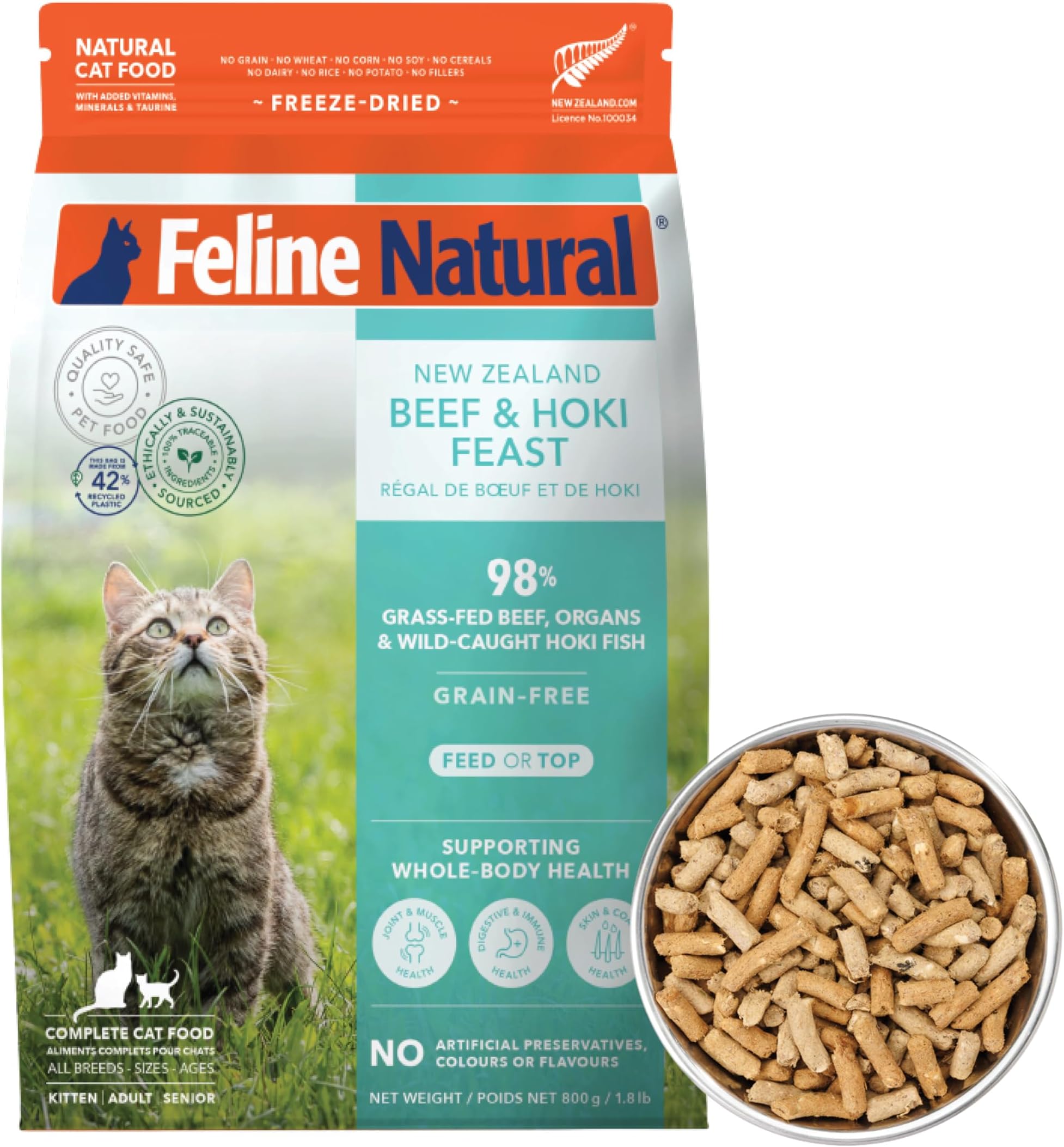 Feline Natural High Protein Dry Cat Food, Freeze-Dried Diet with 98% Meat, Organs & Seafood, No Peas, Grains, or Artificial Additives, Made in New Zealand, Beef & Hoki, 1.8lb