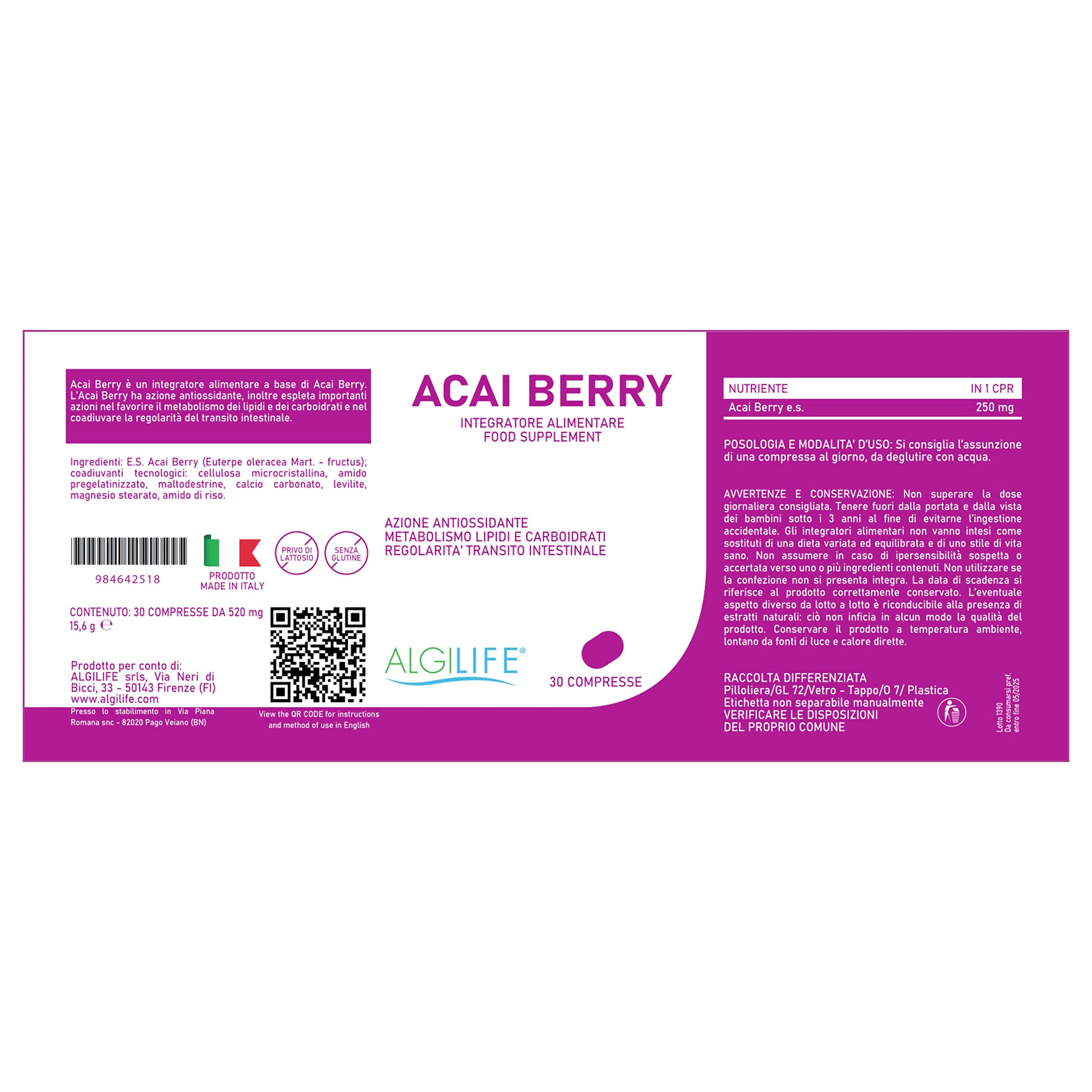 ALGILIFE ACAI BERRY Compresse Vegane di Estratto Naturale di Bacche Acai (30 compresse, scorta 1 mese) Antiossidanti Integratori Alto Dosaggio, Acai capsule da polvere di Bacche di Acai dall'Amazzonia