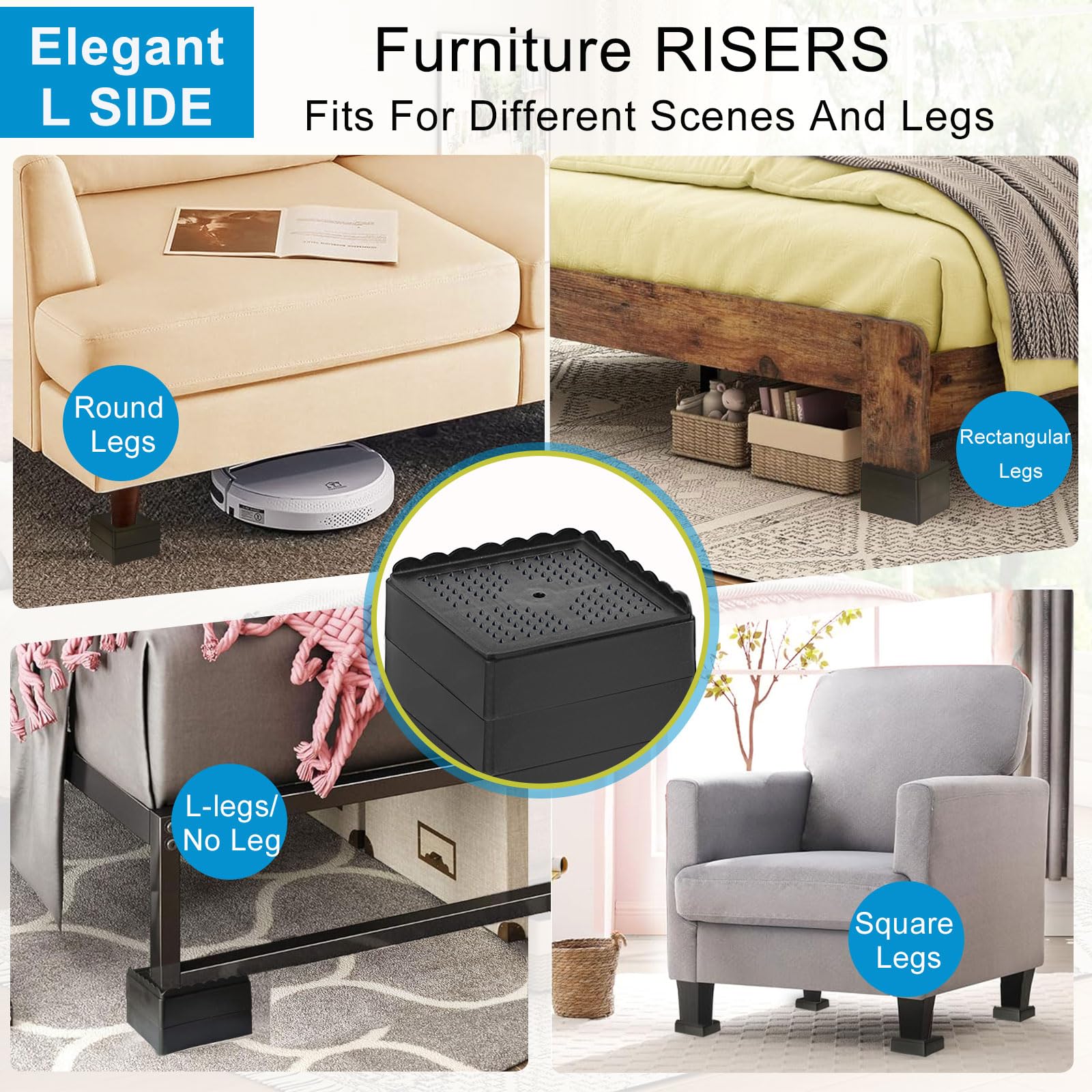 Elevadores de cama de 1, 2, 3 y 4 pulgadas, resistentes, ajustables para mesa, escritorio, sofá, silla, reclinable, marco de patas para dormitorio, bloques apilables (negro, paquete de 8, 1+1+1+1+1